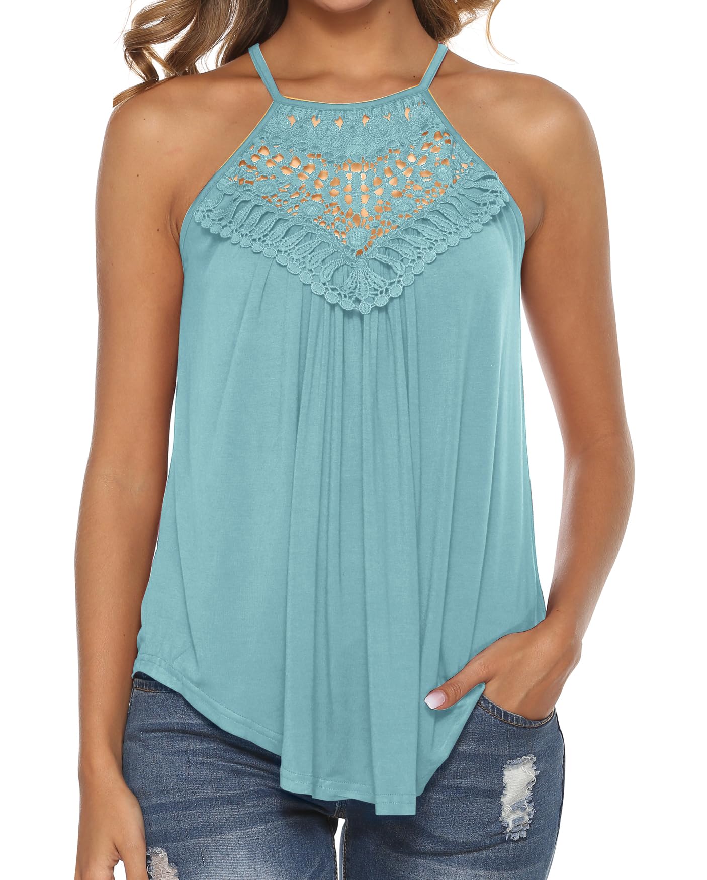 Bluetime Halter Tops for Women Sexy Sleeveless Lace Crochet Dressy Flowy Tank Top Cute Summer Shirts