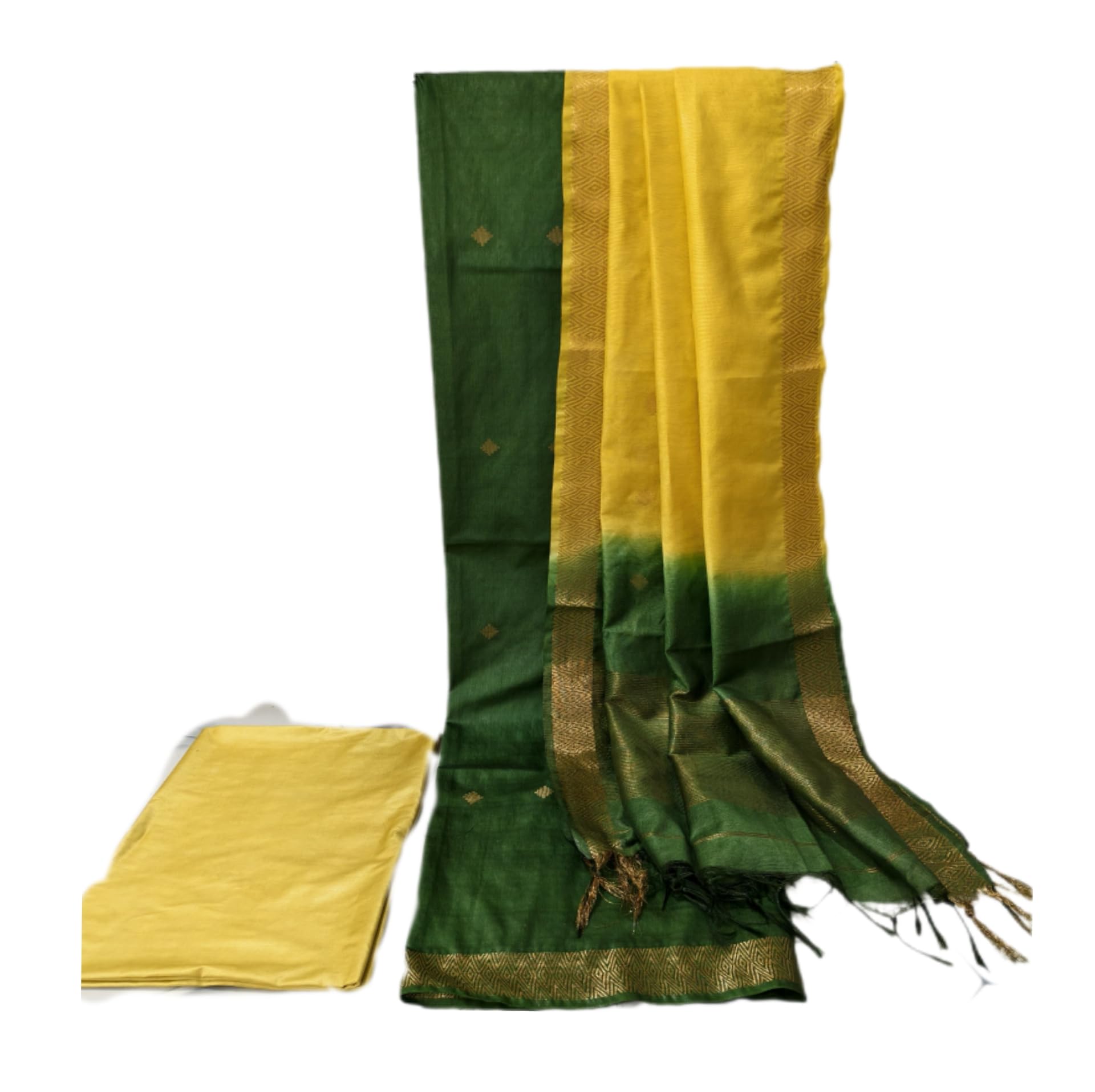 Bhagalpuri Cotton Silk Dress Material for Women | Dual Tone Green With Yellow Suit Fabric with Zari Border | Unstitched Salwar Suit Material with Dupatta | Traditional Ethnic Wear-image-48