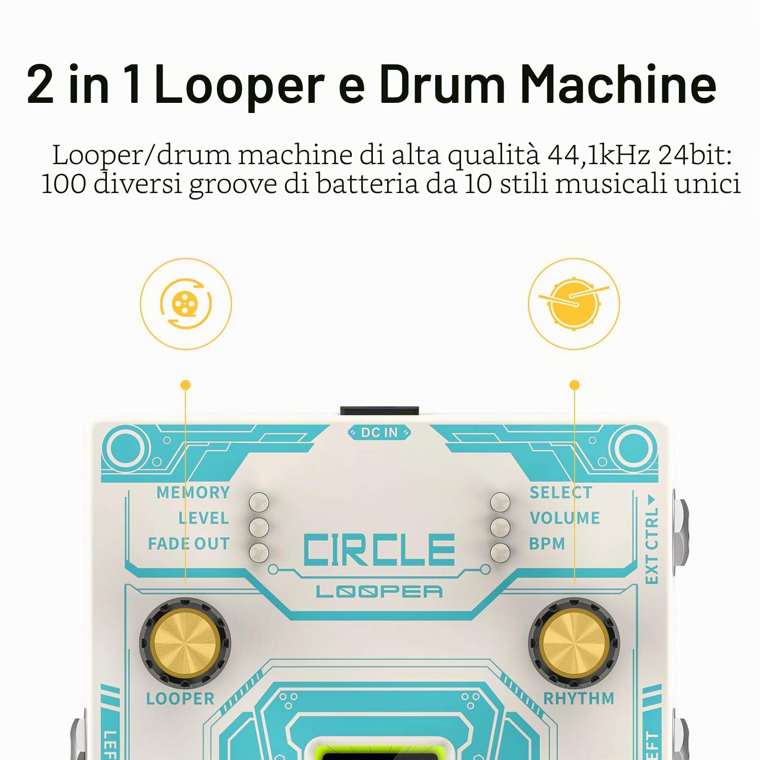 Pedale Drum Machine Donner Circle Looper, pedale stereo per chitarra Drum Looper 2 in 1, 40 slot con 160 minuti di loop e 110 groove di batteria, Tap Tempo e funzione Fade Out
