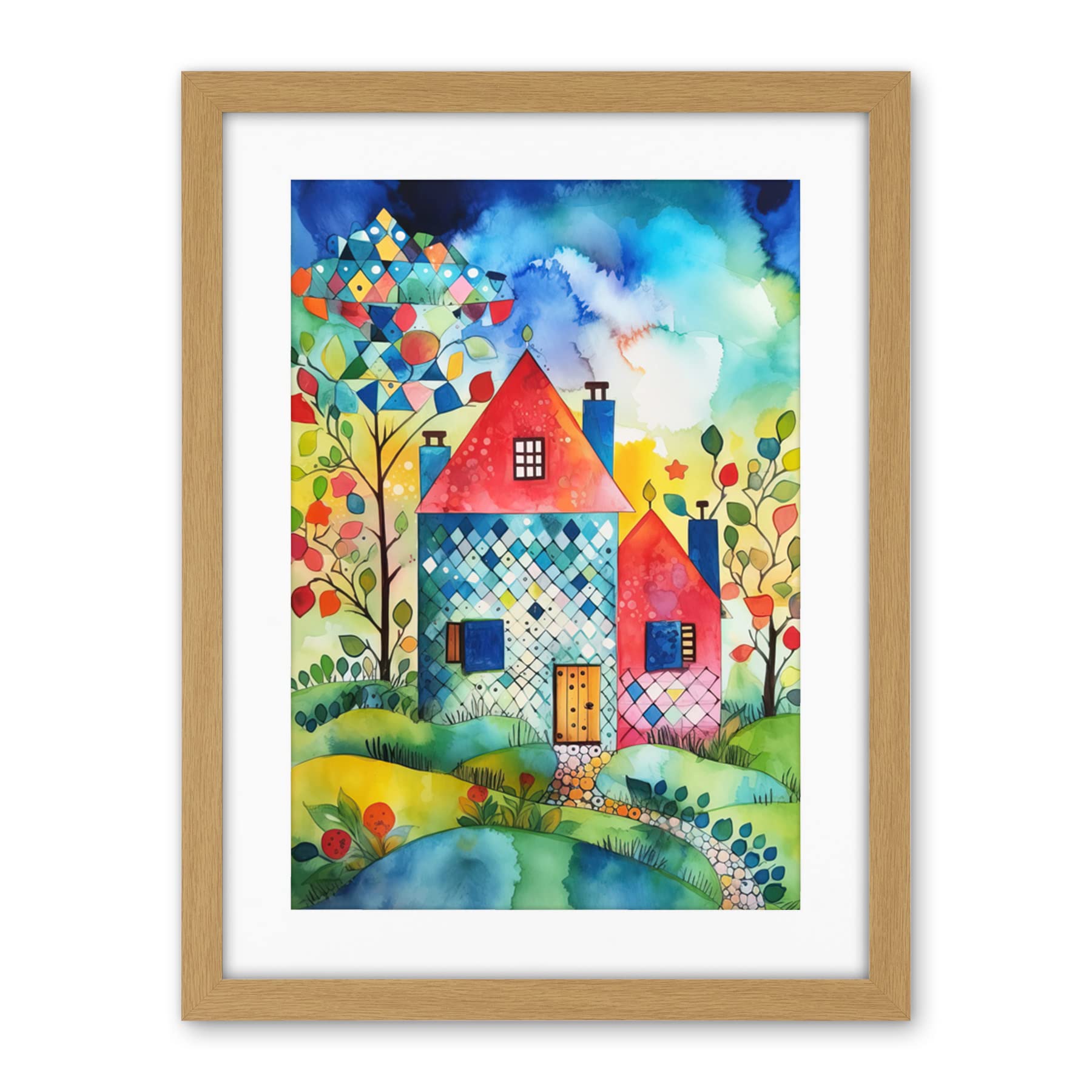 Artery8 Farmhouse In The Flowers Folk Art Artwork Framed Wall Art Print 18X24 Inch