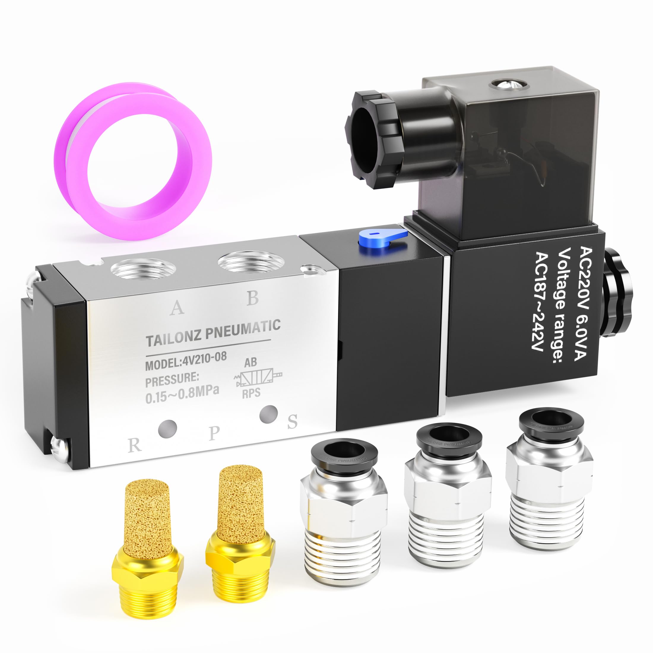 TAILONZ PNEUMATIC 1/4"NPT Solenoid Valve 4V210-08 AC220V Single Coil Pilot-Operated Electric 2 Position 5 Way Connection Type Junction Box