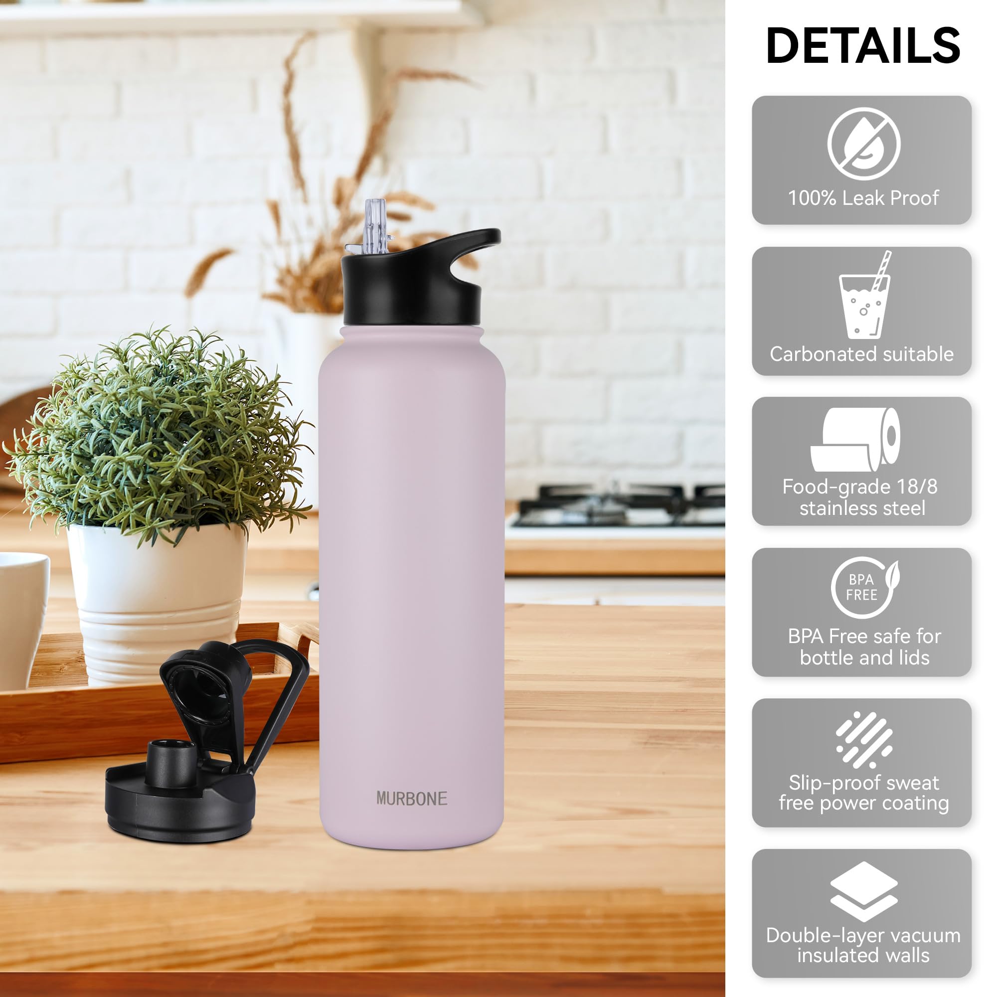 MURBONE Insulated Water Bottle, 1.2L Stainless Steel Drink Flask with Straw, BPA Free, 2 Lids (Straw Lid and Spout Lid) - Image 4