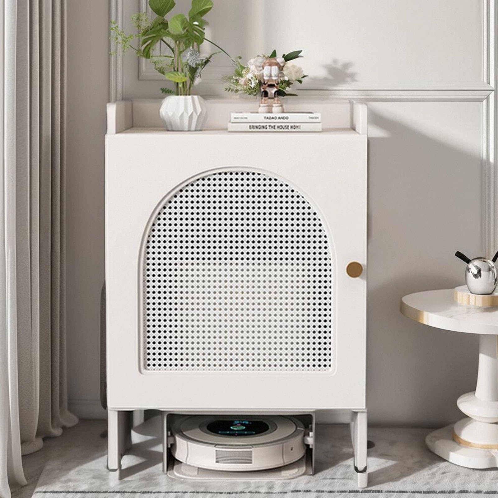 Meuble de rangement pour aspirateur blanc pour un salon épuré
