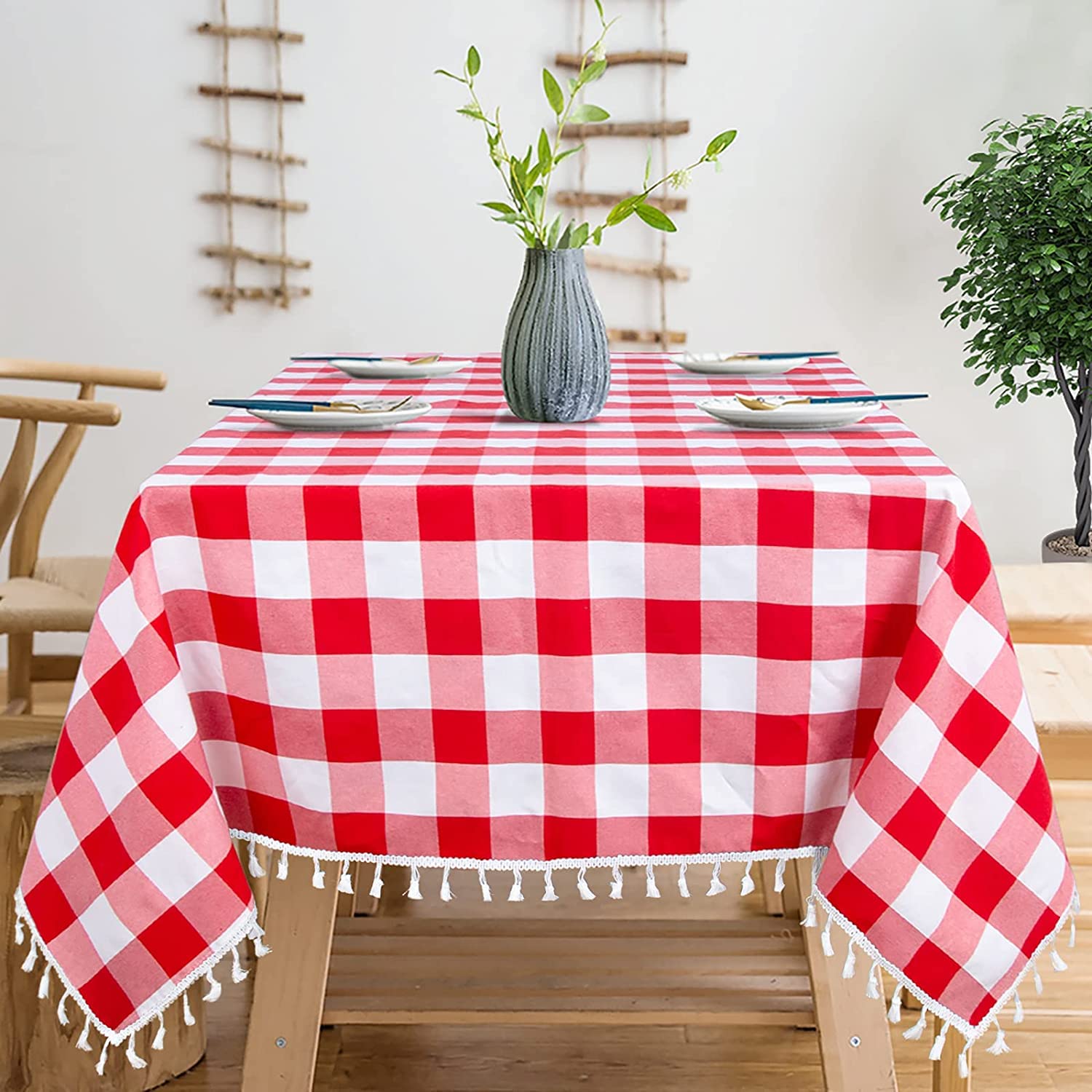 BIRDWING® Checkered Tablecloth Red White Buffalo Plaid Table Cloth with Tassel Garden Cotton Table Linen Farmhouse Check Fabric Table Cover for Holiday Gatherings (42x65 inch)