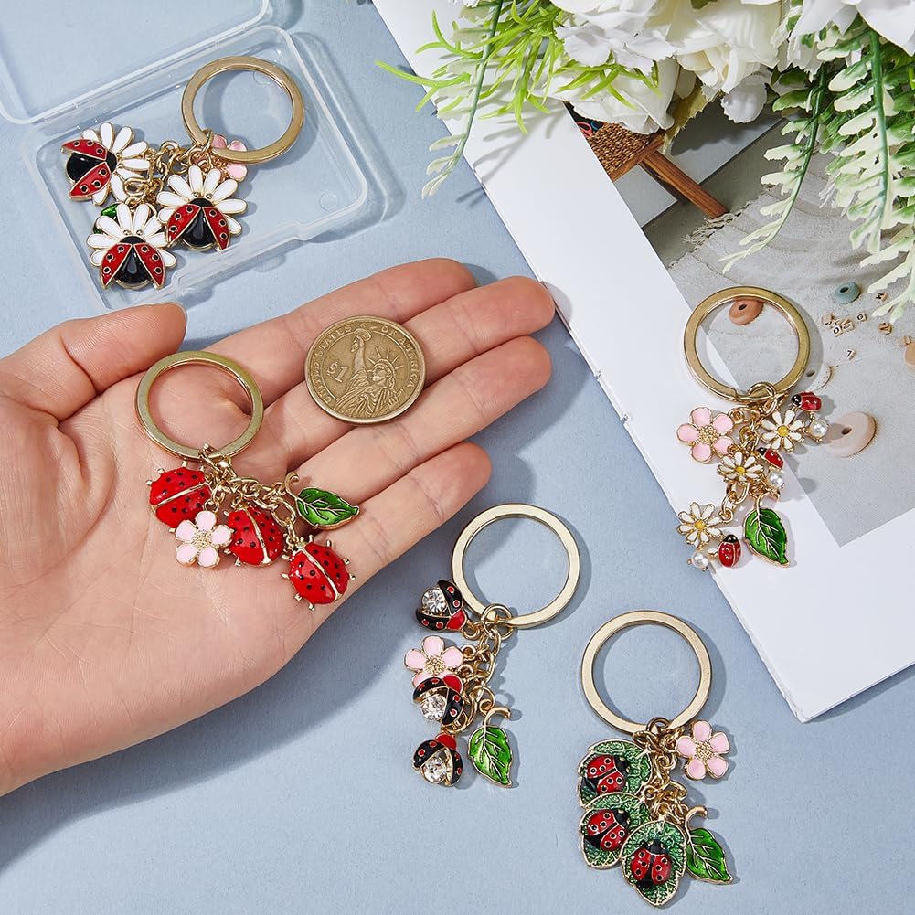SUPERFINDINGS 6 Styles Ladybug Keychains Cute Ladybug Keyrings Alloy Enamel Ladybugs Charm with Flower and Leaf Keychains Insects Key Chain Decoration Decorative Bag Charms for Car Keys Purse Backpack