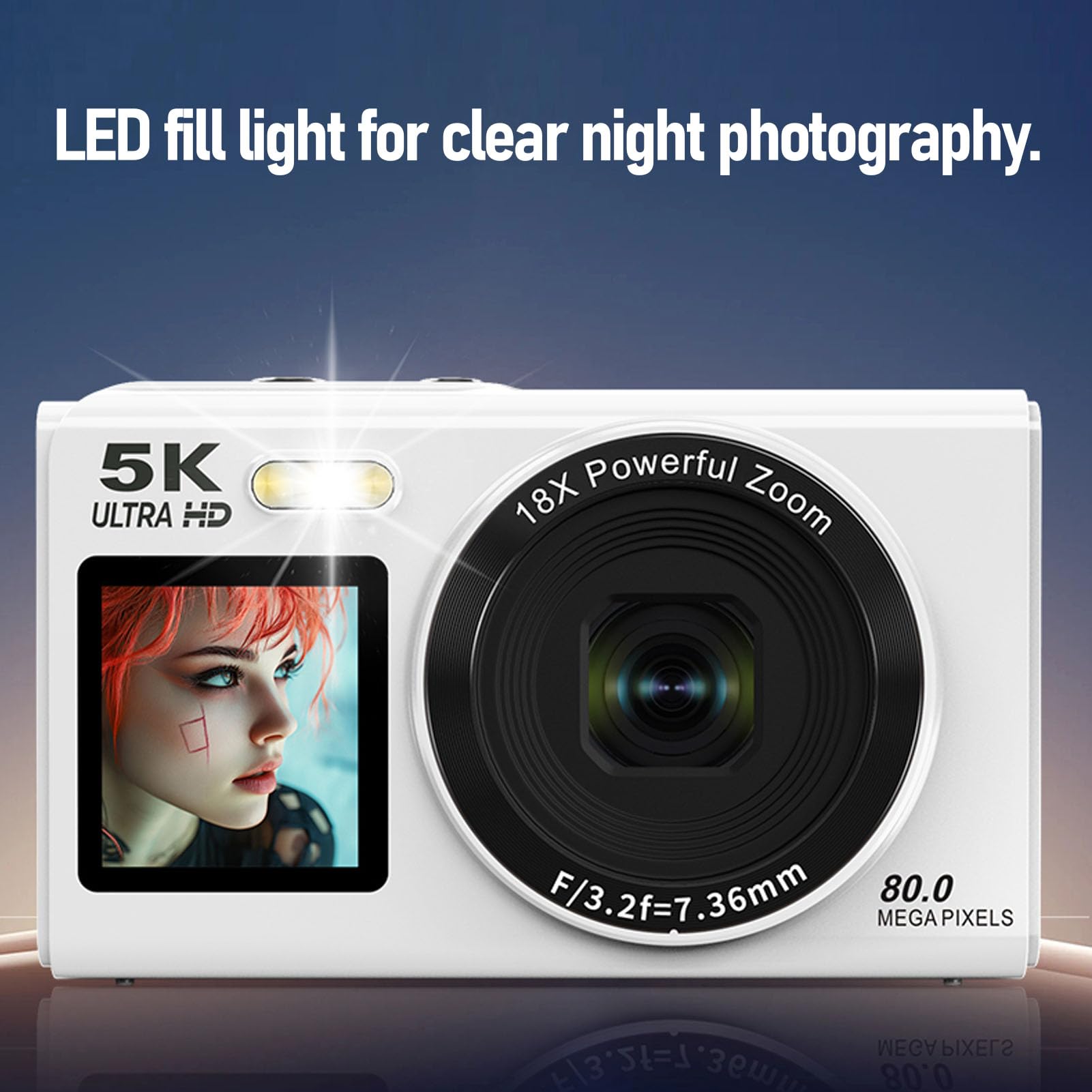 Generic Aparat Cyfrowy WiFi, 18 -krotny Zoom 5K 80MP Flash Cyfrowa Kamera Cyfrowa do Transmisji na żywo (WHITE)