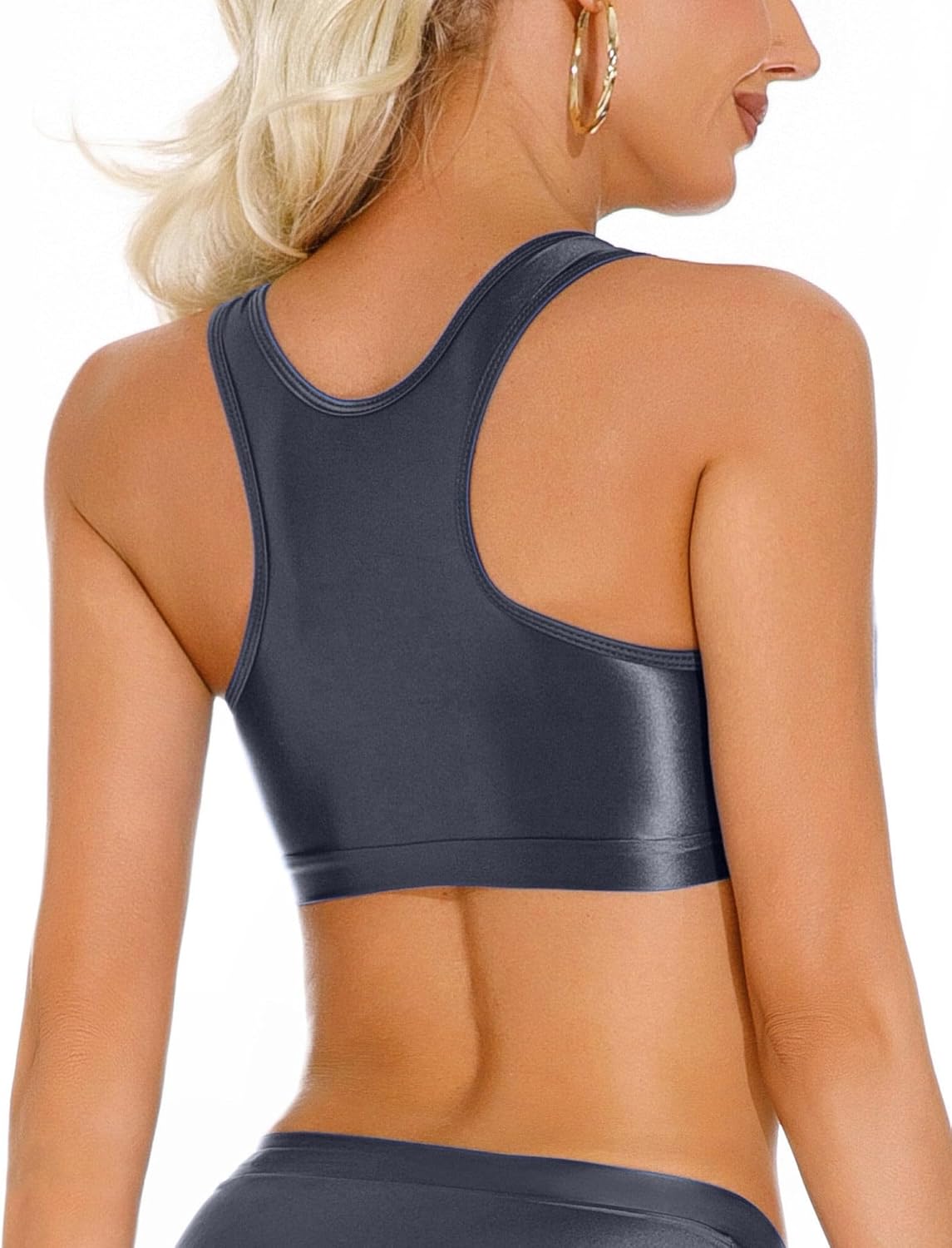 FEOYA Women’s Glossy Bras Oil Shiny Crop Tank Top Merallic Deep U Vest Tops for Club Party Cosplay - Image 3