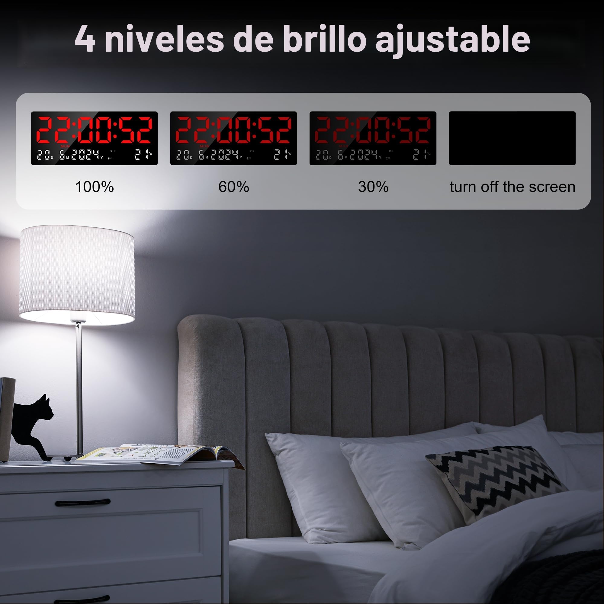 Lafocuse 15.5" Reloj de Pared Digital con LED Pantalla Grande, Silencioso Reloj Digital Sobremesa con Temperatura, Fecha, 2 Alarma, 12/24 Horas, Brillo Ajustable, para Salon Cocina Oficina, Rojo