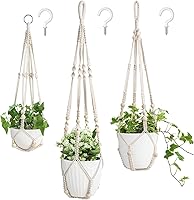 Mkono 3-Pack Macrame Plant Hangers with Beads, No Tassels - 35"/29"/23" Ivory Boho Hanging Planters for Indoor Plants