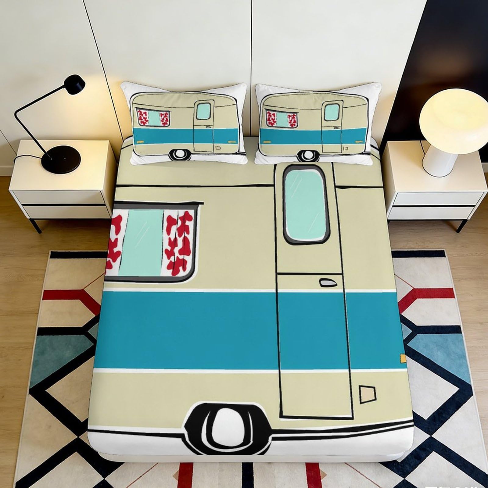 3D Printed Camper Van Fitted Sheet Microfiber Soft Breathable Retro Caravan Bed Cover for Bedroom Dormitory Guest Room Mattress Protection Decor 180x200x25cm