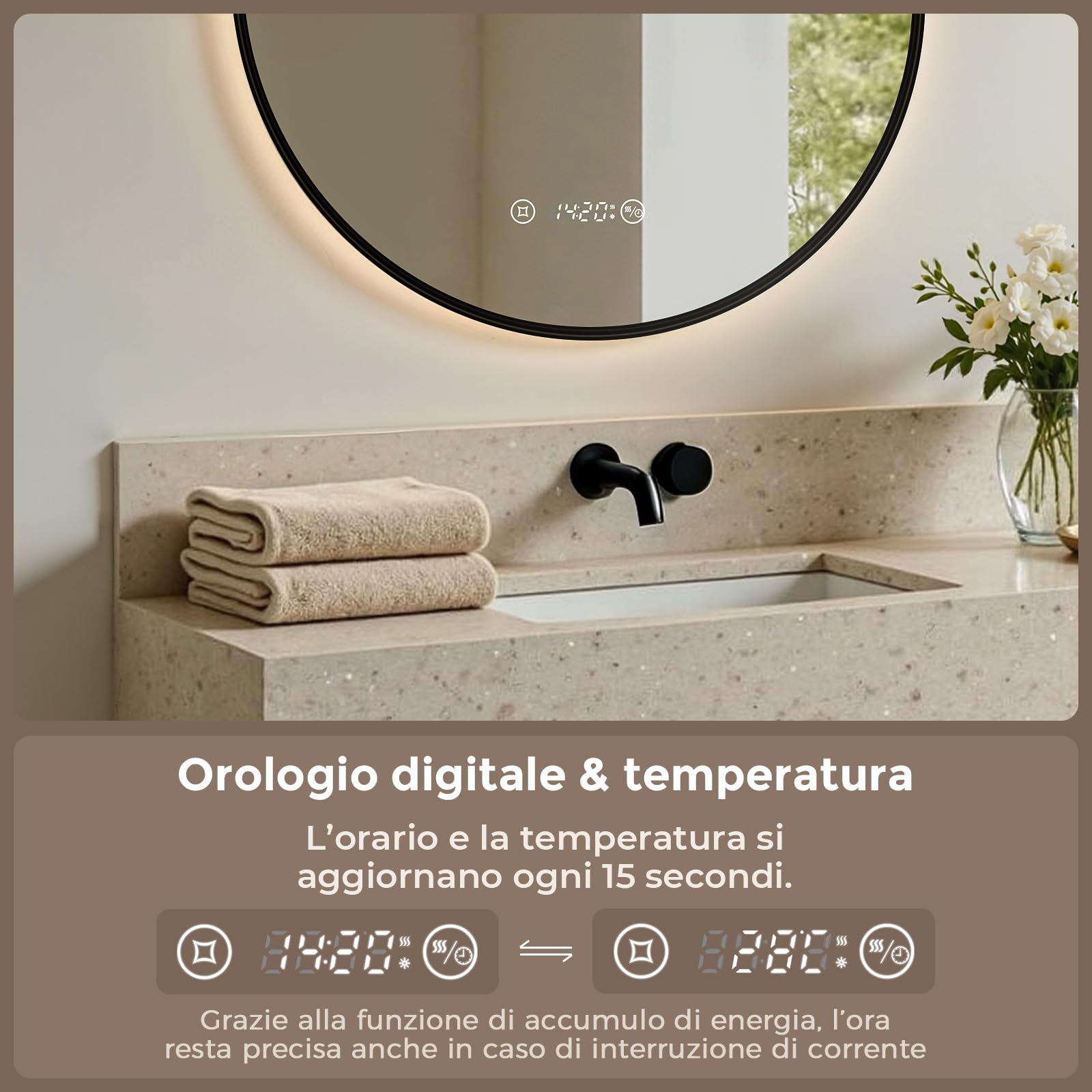 S'AFIELINA Specchio Bagno con Luce rotondo Ø 60 × 3 cm (P), Cornice Nera, Touch, Dimmerabile, Antifog, Orologio, Temperatura, Funzione Memoria, Specchio Bagno Retroilluminato, HD Vetro Temperato