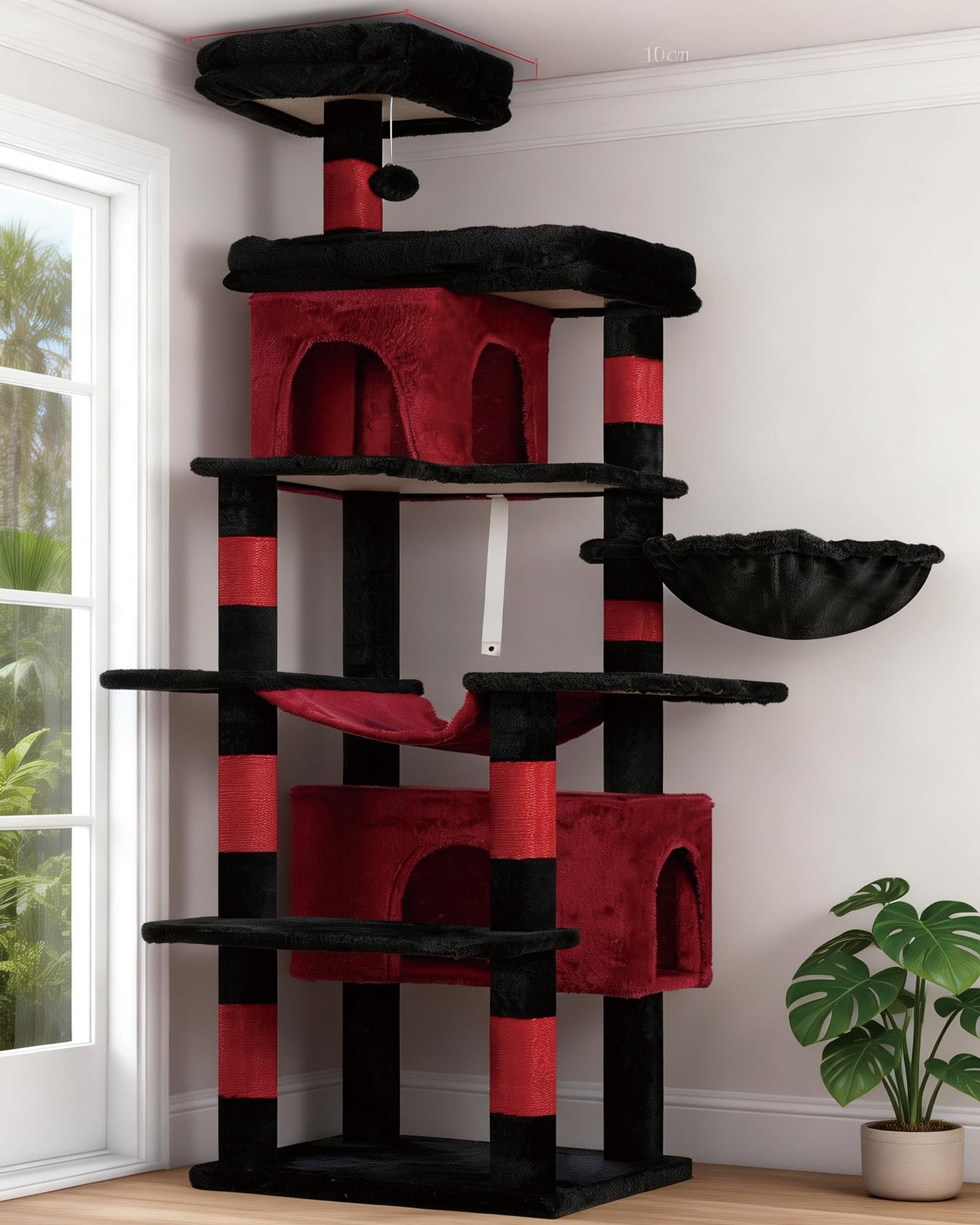 Heybly Gothic Kratzbaum, 178 cm hoch, kratzsäule für Indoor Katzen, Mehrstöckiger Katzenkratzbaum mit 8 Kratzsäulen, 2 Höhlen, 2 Plattformen, Hängematte, Korb, Plüschbälle, Schwarz + Rot HCT036BR