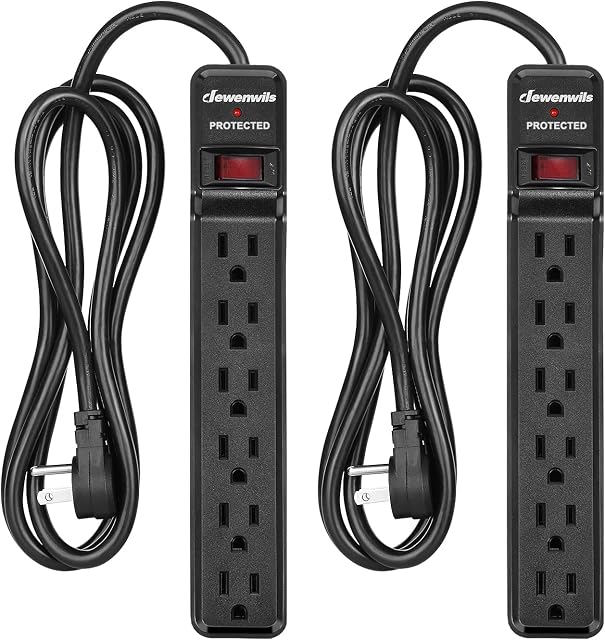 DEWENWILS 2-Pack 6-Outlet Surge Protector Power Bar, Flug Plug Power Strip with 6Ft Extension Cord Indoor, Protected Indicator Light, 15 Amp Circuit Breaker, 560 Joules, Wall Mount, Black, UL Listed