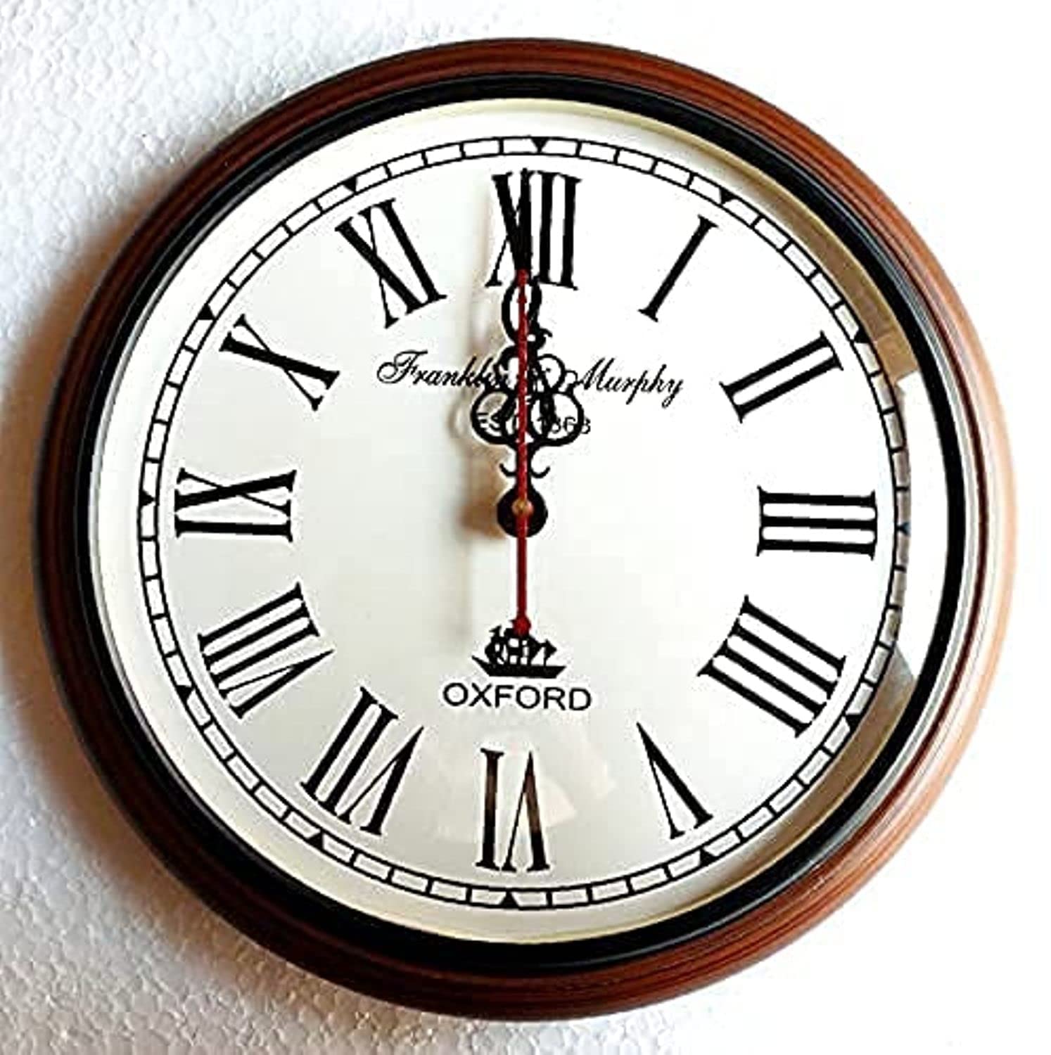Analog Handmade Wooden Wall Clock Antique Look Style Deep Glass Roman Number For Home & Office, Hall, Farmhouse Decoration (12 Inch - White Brown)