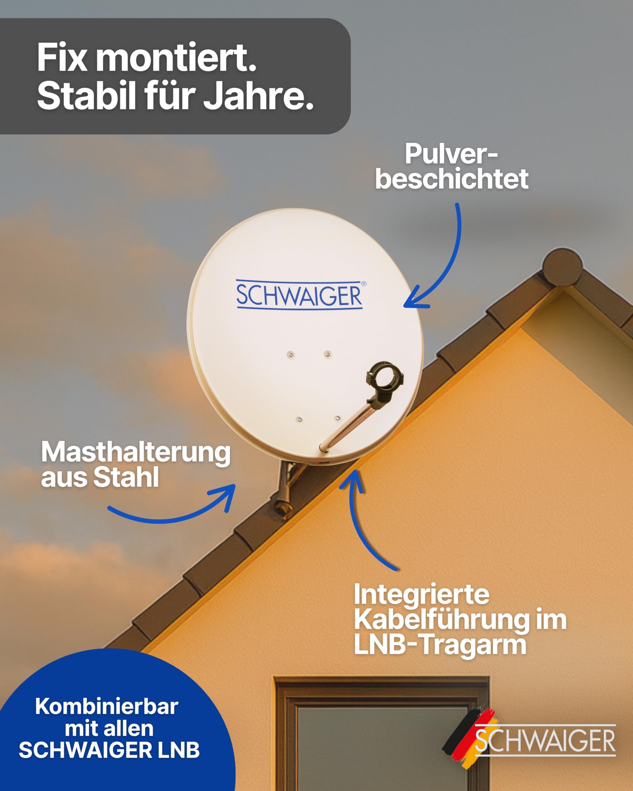 SCHWAIGER Satellitenschüssel 80 cm Stahl Offset Antenne Multifeed wetterfest SAT Schüssel LNB Tragarm Masthalterung 38,5dB