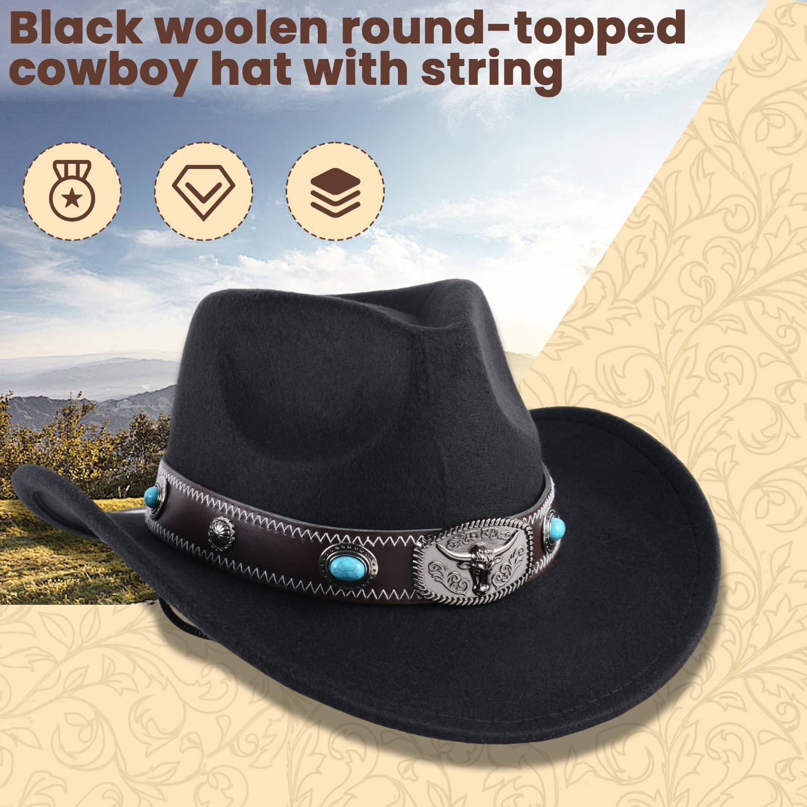 Klassischer Westernhut für Damen und Herren – Einfarbiger Cowboyhut mit Stierkopf-Dekor, Vintage Jazzhut für Erwachsene im Cowgirl- und Western-Stil (Schwarz A)
