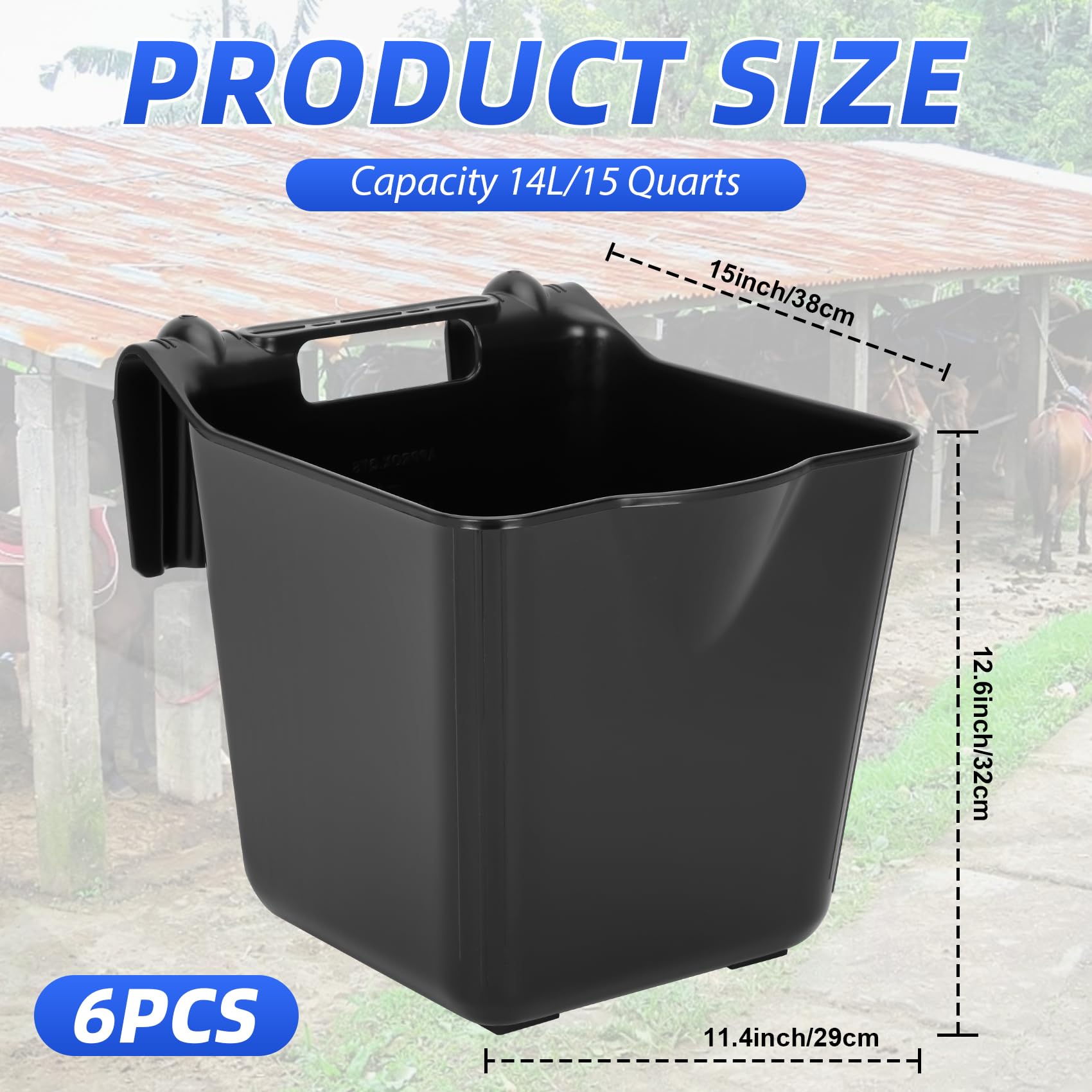 Secchio per mangime per cavalli da 15 litri, in plastica resistente, nero, confezione da 6, vasche multiuso per acqua e mangime per cavallo, pony, capra, uso stabile