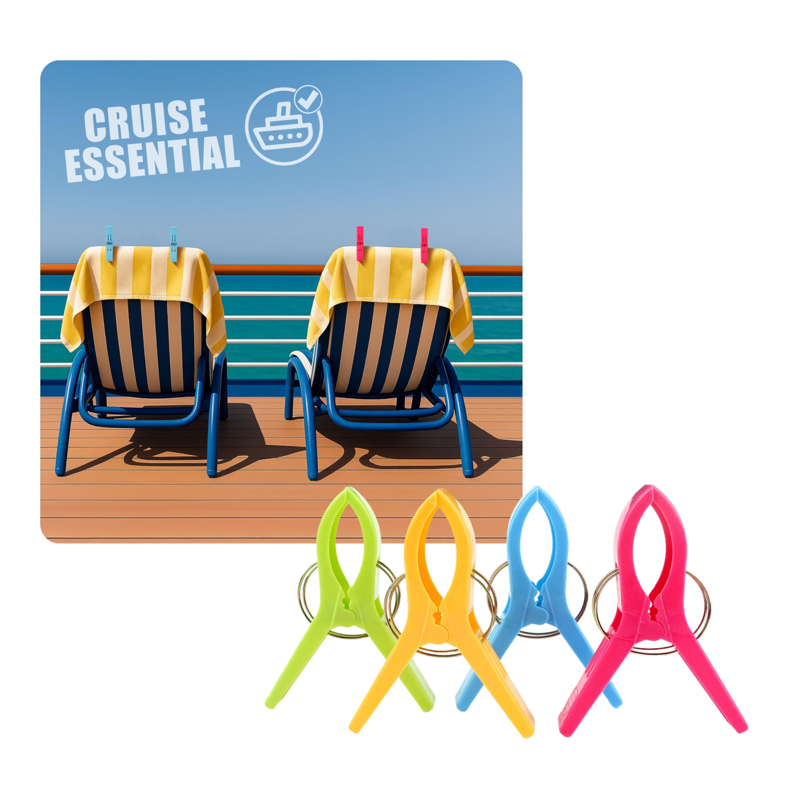 Cruise Ship Colourful Towel Clips for Sun Loungers, Beach & Pool Chairs – Works on P&O, Marella, MSC, Norwegian, Royal Caribbean – Cruise Essentials by AnchorsUp