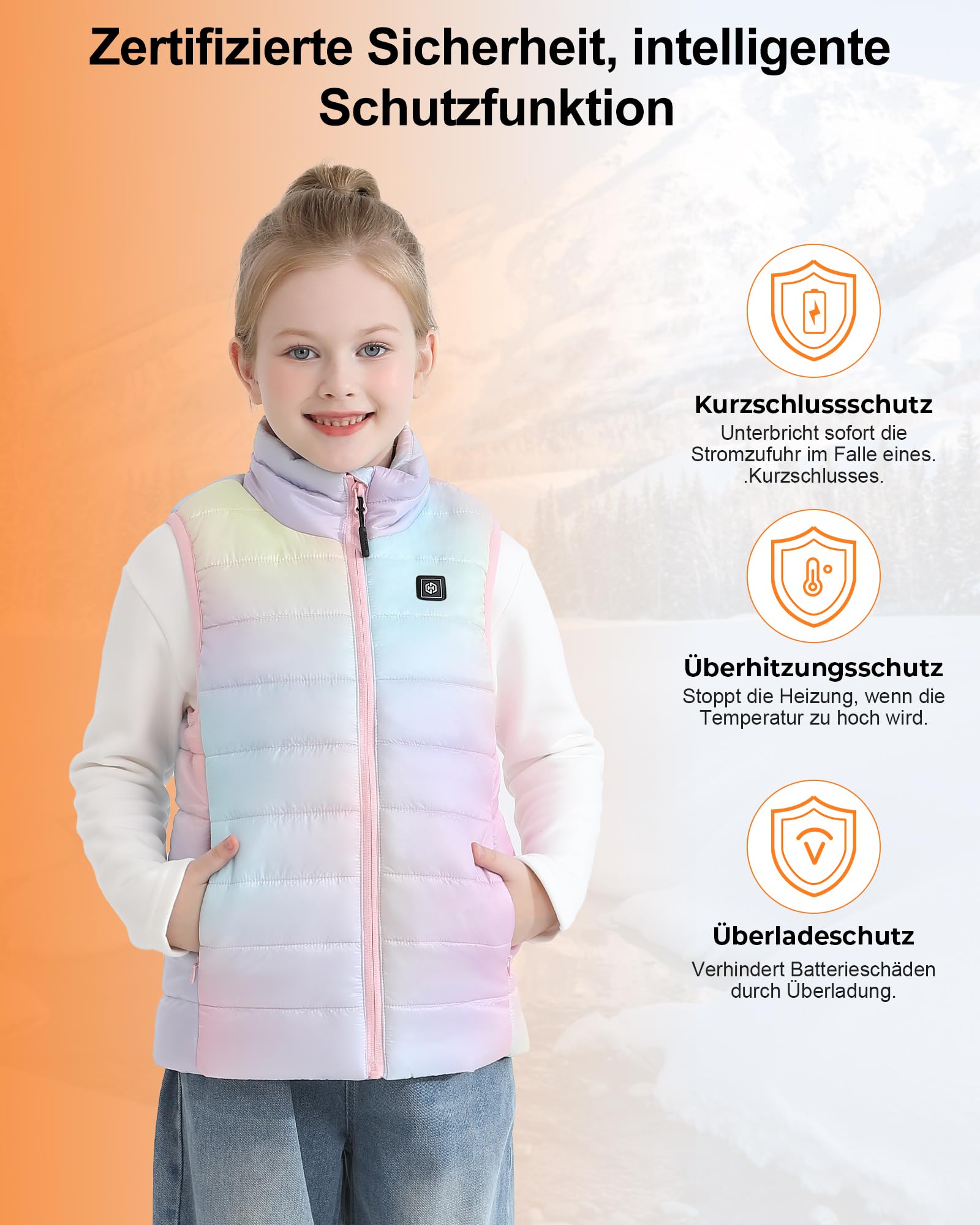 Unisex Beheizbare Weste Kinder mit Powerbank 12000mAh 7,4V, Leichte Heizweste Kinder mit 5 Heizzone, Elektrisch Heizweste Jungen und Mädchen für Outdoor