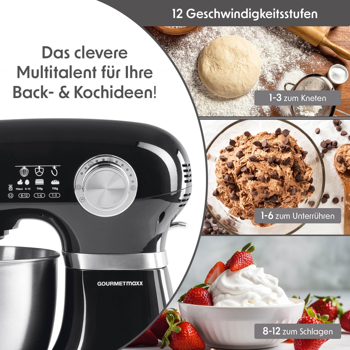 GOURMETmaxx Küchenmaschine & Rührgerät | Multifunktionale Küchenhilfe inkl. Rührschüssel und Aufsätze | Leistungsstarker Mixer mit Schneebesen und mehr | Elektrische Knetmaschine [schwarz]