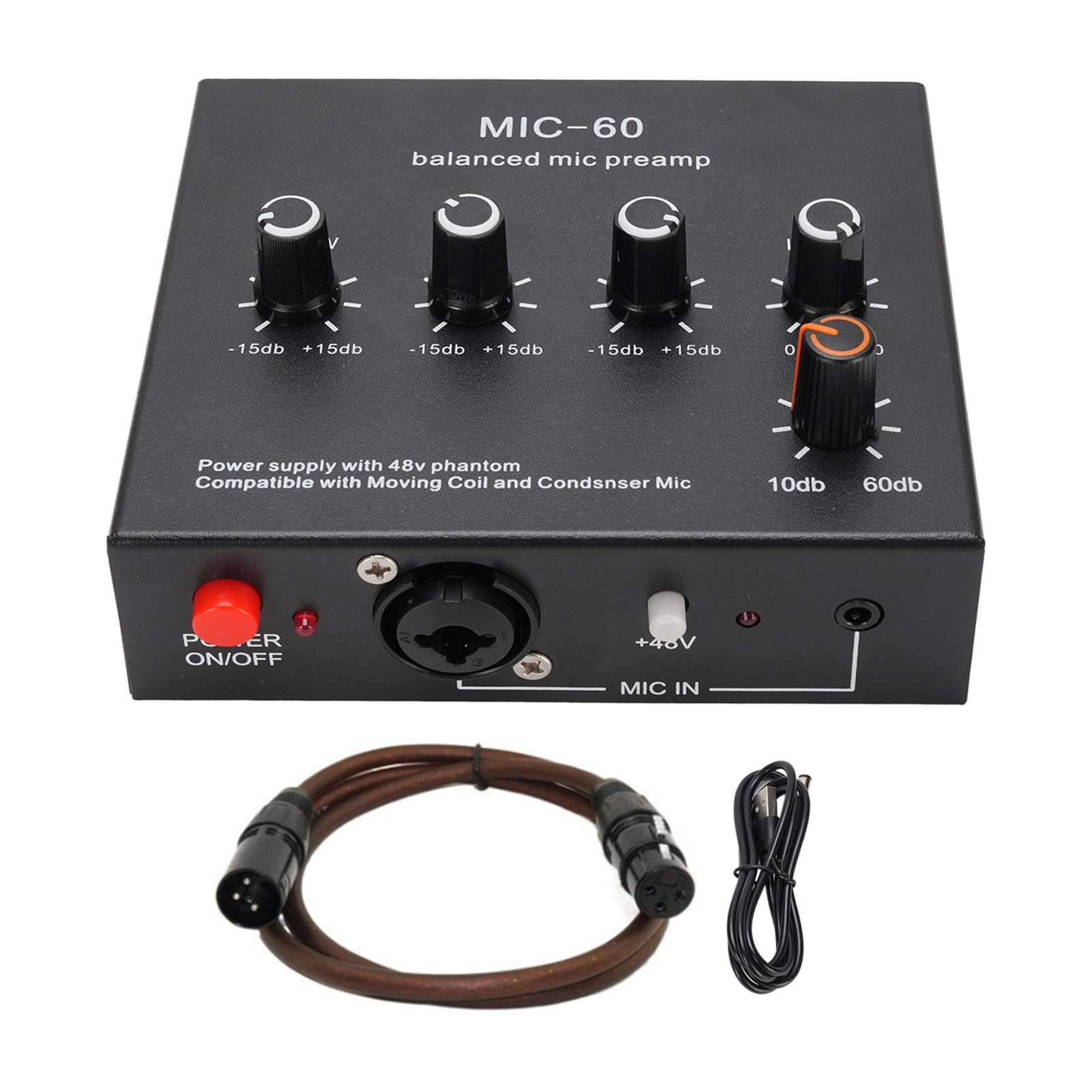 Préampli Microphone avec Gain 60dB et Alimentation 48V, Préamplificateur Micro 3 Canaux XLR 3,5mm 6,35mm pour Condensateur Dynamique, Câble XLR Inclus