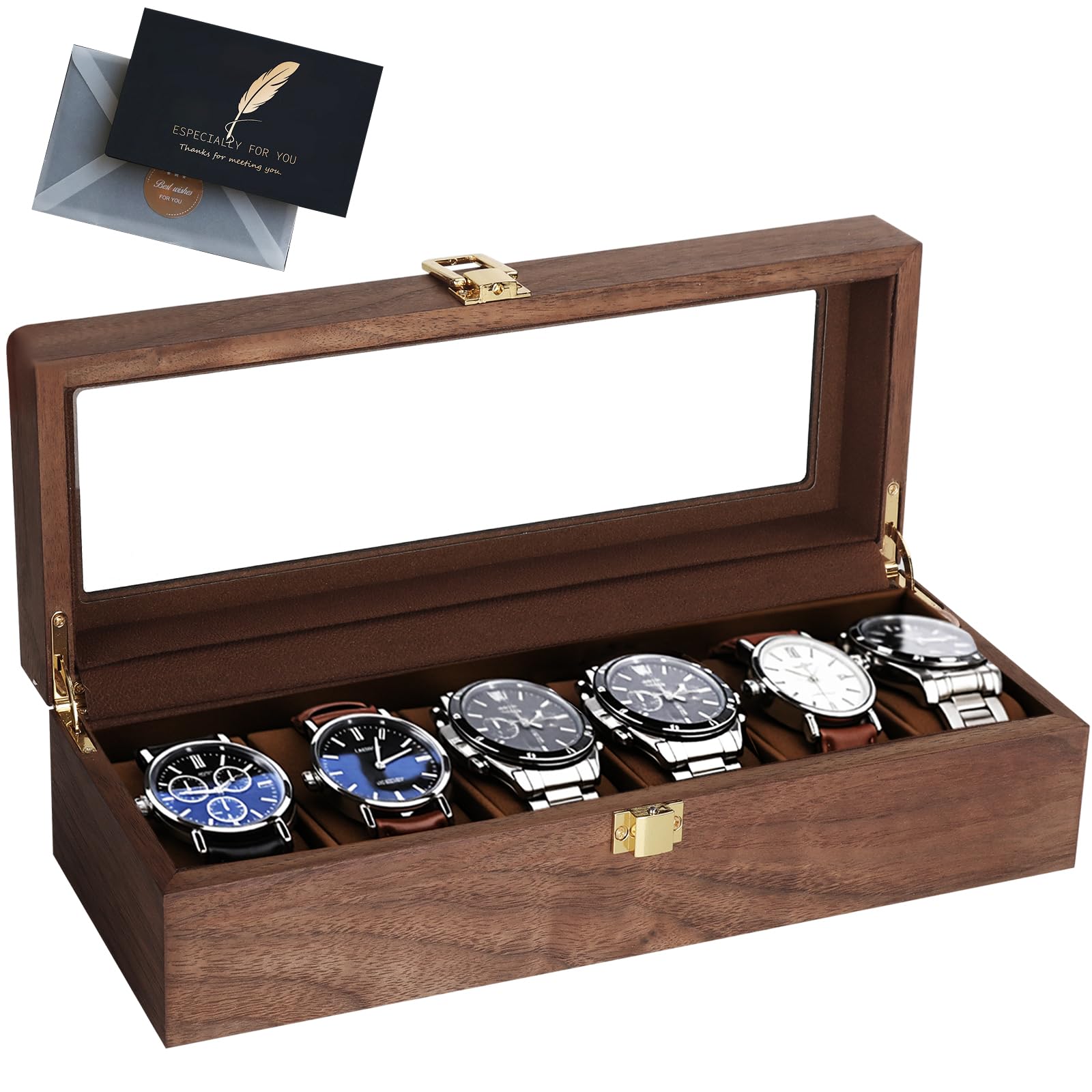 Caja de Relojes con 6 Compartimentos,Caja Relojes de Madera,Estuche de Reloje con Tapa de Cristal,Forro Suave,Cojín Extraíble,Cierre Metálico,Cajas para Reloje para Hombres y Mujeres