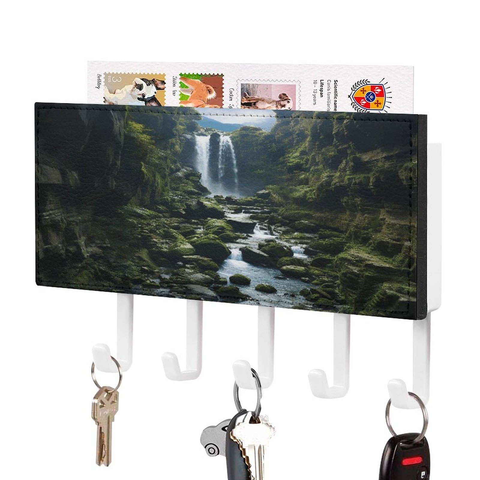 Vstadank White-Style Waterfall Cliff Key Holder For Wall Decorative Mail Organizer Wall Mount With 5 Hooks Easy Installation Key Rack Pu Adhesive Keys Rack For Entryway Door Bathroom Kitchen