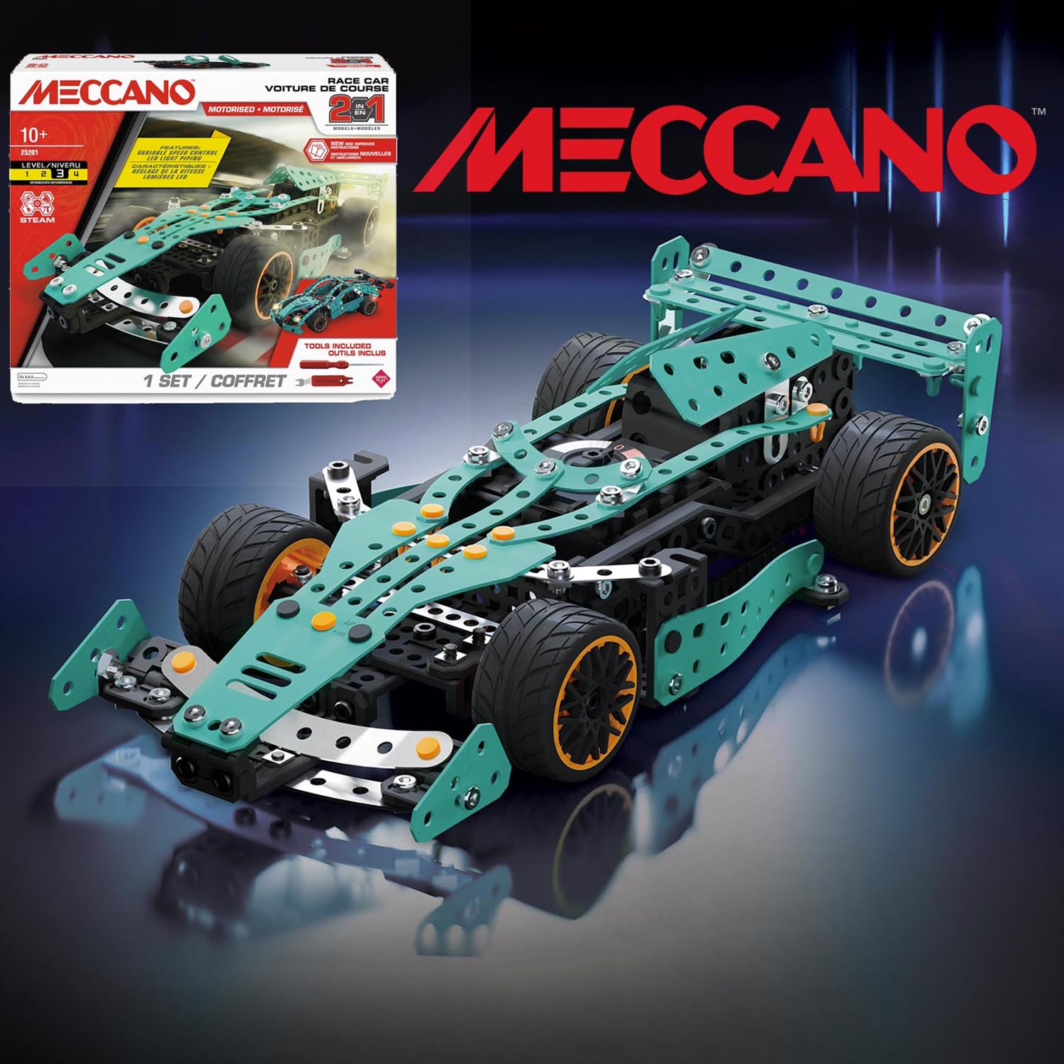 BANDAI - Meccano Voiture de Course 2 en 1 - Coffret de Construction 2 Modèles Formule 1-353 pièces, Outils, Notice - Kit Activité Assemblage Voitures F1 Supercar - Jouet Enfant 10 Ans et + -APM20108