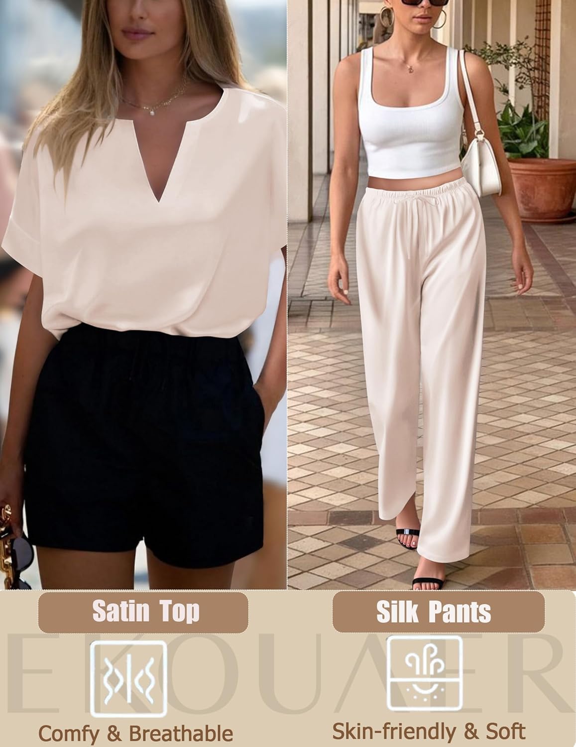 Ekouaer Satin Pajama Set Womens Silk Short Sleeve V Neck Shirt with Long Pant Soft Loungewear Pjs Set - Image 5