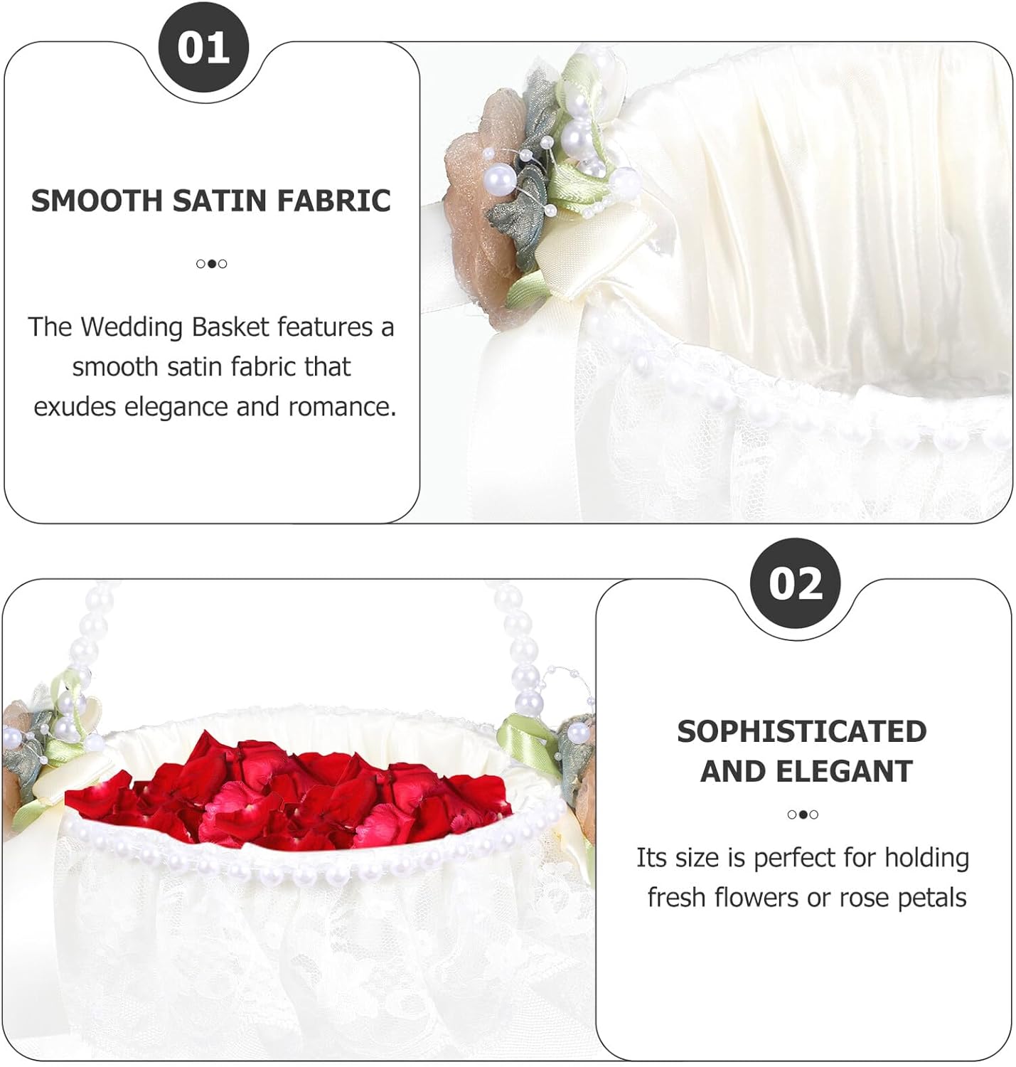 Wedding Flower Girl Basket Rustic Satin Lace Artificial Flower Basket with Handle Pearl Decoration for Garden Wedding Ceremony Supplies