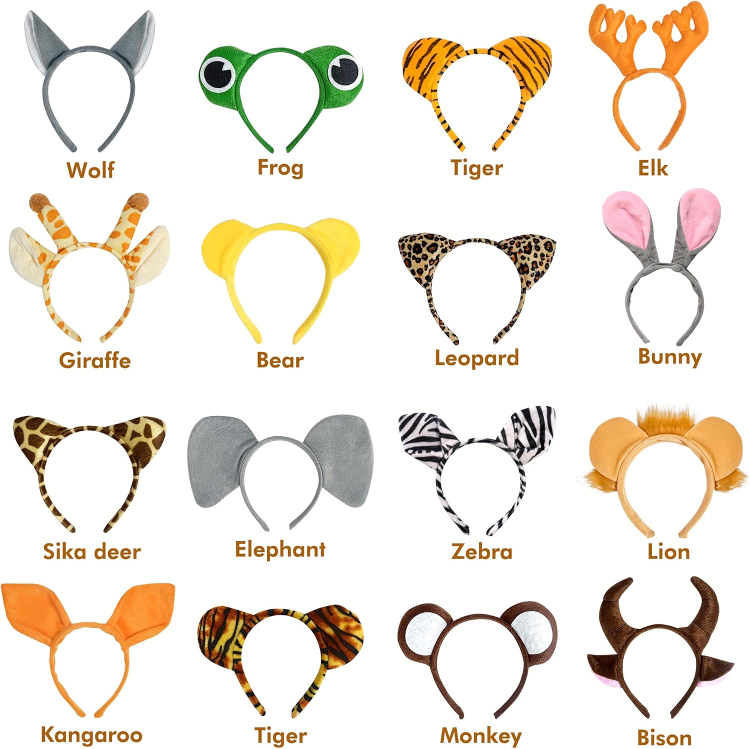 16Pcs Jungle Animal Ears Headbands as Safari Party Favors Wild One Birthday Decorations Plush Animal Headpiece for Kids Adults