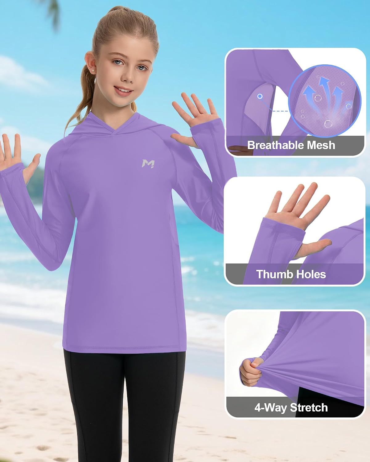 Moozava UPF 50+ Rash Guard Shirt for Girls Quick Dry Long Sleeve Sun Shirt Lightweight Athletic Hoodie with Thumbholes image 4