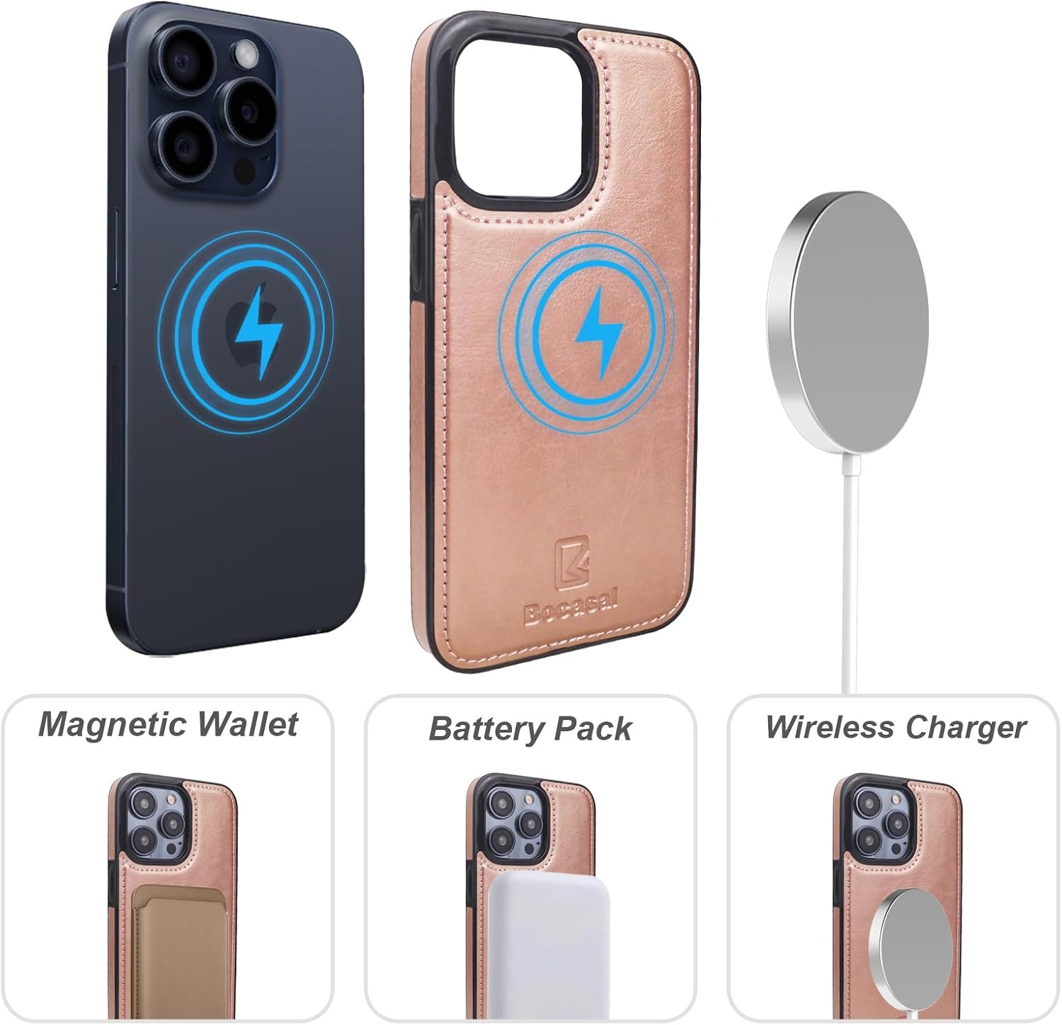 Bocasal for iPhone 15 Pro Wallet Case Compatible with MagSafe Wireless Charging, RFID Blocking Magnetic Leather Case with Card Slots Holder Kickstand Detachable Wrist Strap 6.1 Inch (Rose Gold)