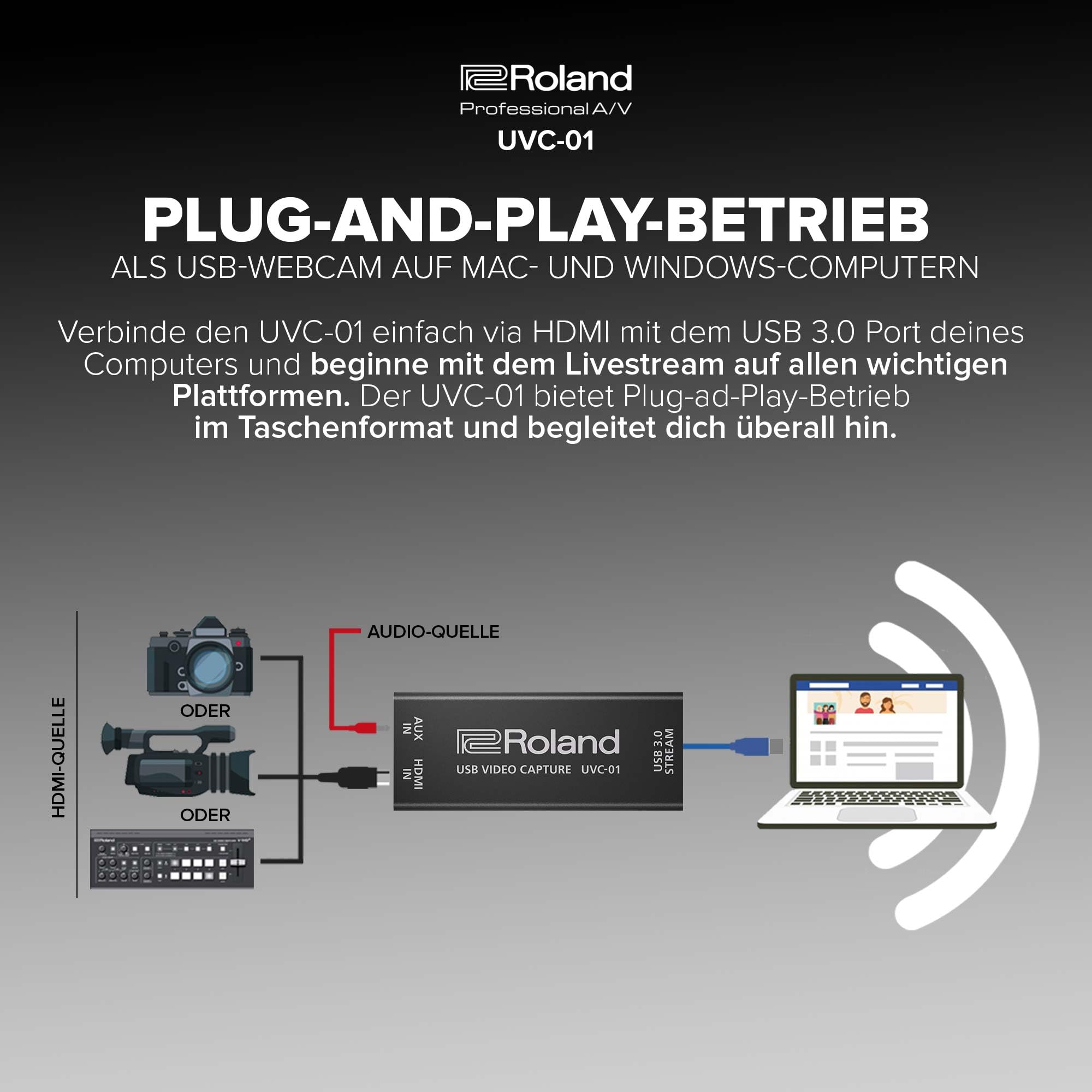 Roland UVC-01 USB Video Capture | Plug-and-Play für reibungslose Aufnahmen & Livestreams | HDMI-zu-USB-3.0 Video-Encoder | Unkomprimiertes 1080p HD bei 60 FPS | Webcam-Steuerung unter Mac & Windows