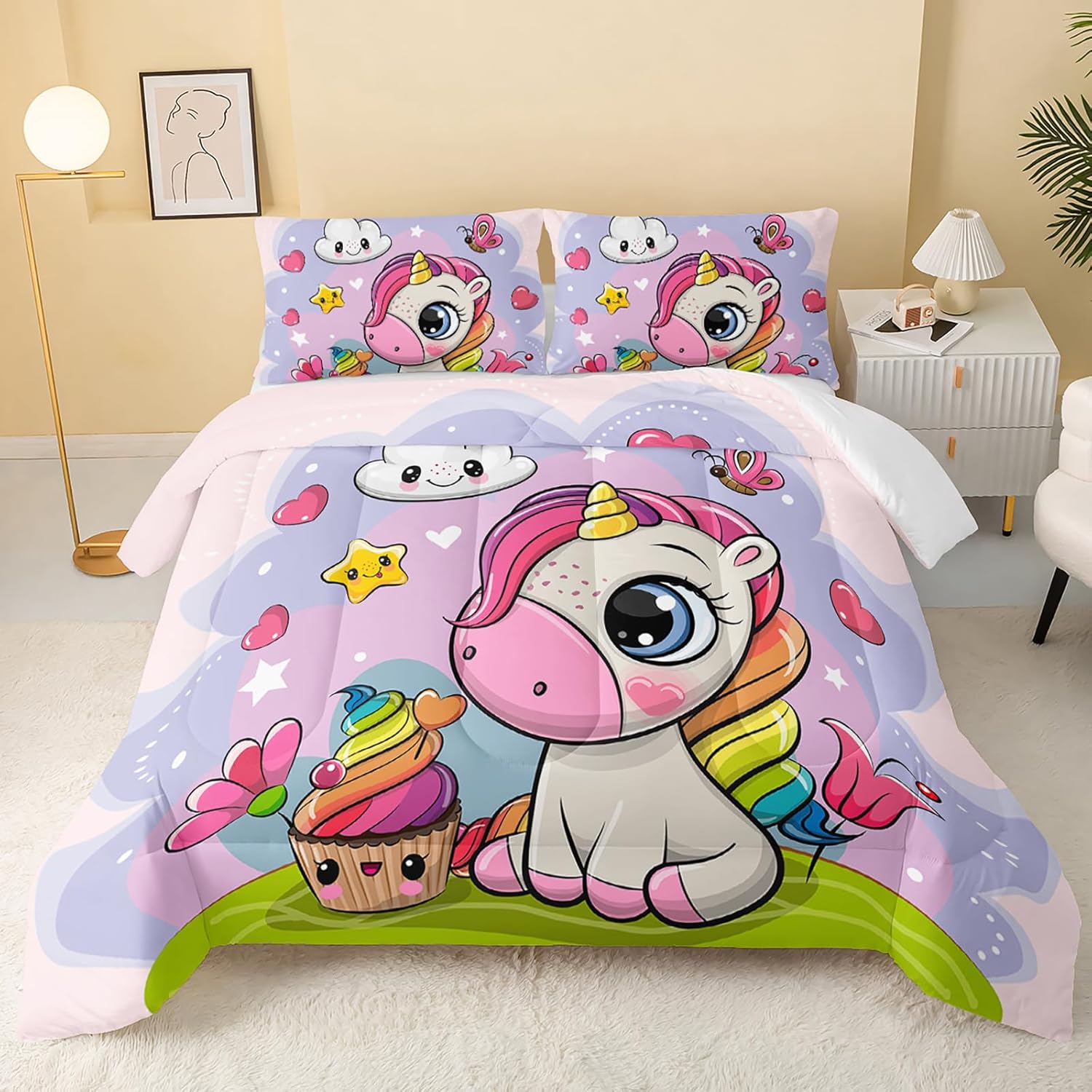 QOOMO Unicorn Comforter Twin Size,Kawaii Unicorn Comforter