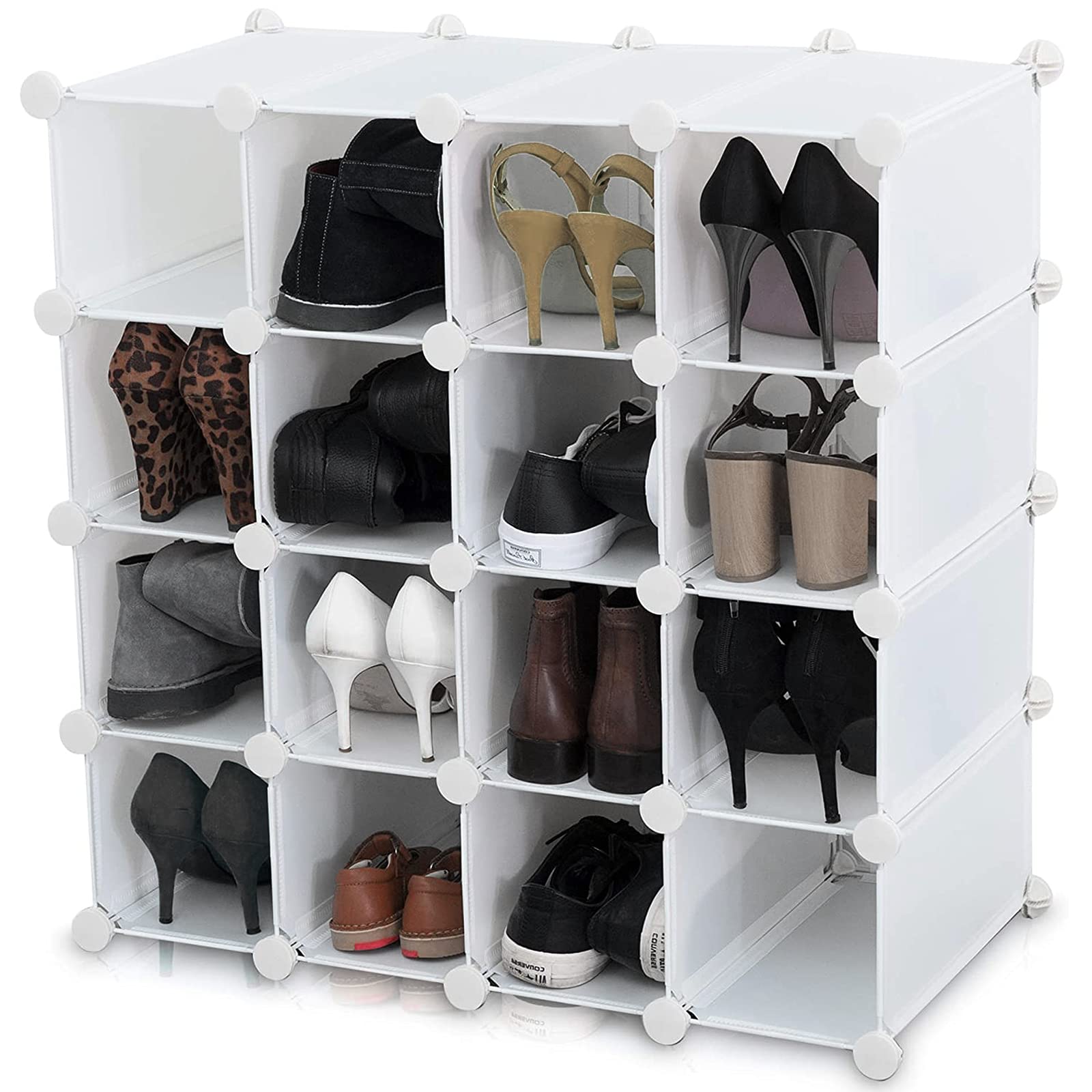 AMOS 16 Pair Interlocking Cube Shoe Storage Rack Organiser with Back Panels Space-Saving Adjustable Modular Slot Shelf Box Unit Boots Trainers Display Stand Holder (White)