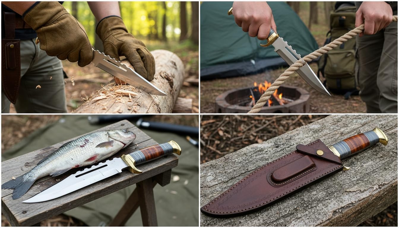 Hunting Knife with stainless steel blade | Dundee Bowie Hunting knife with premium leather sheath/Crocodile Bowie Knife with Leather Sheath – Full Tang Blade, Brass Guard, Durable Wooden Handle