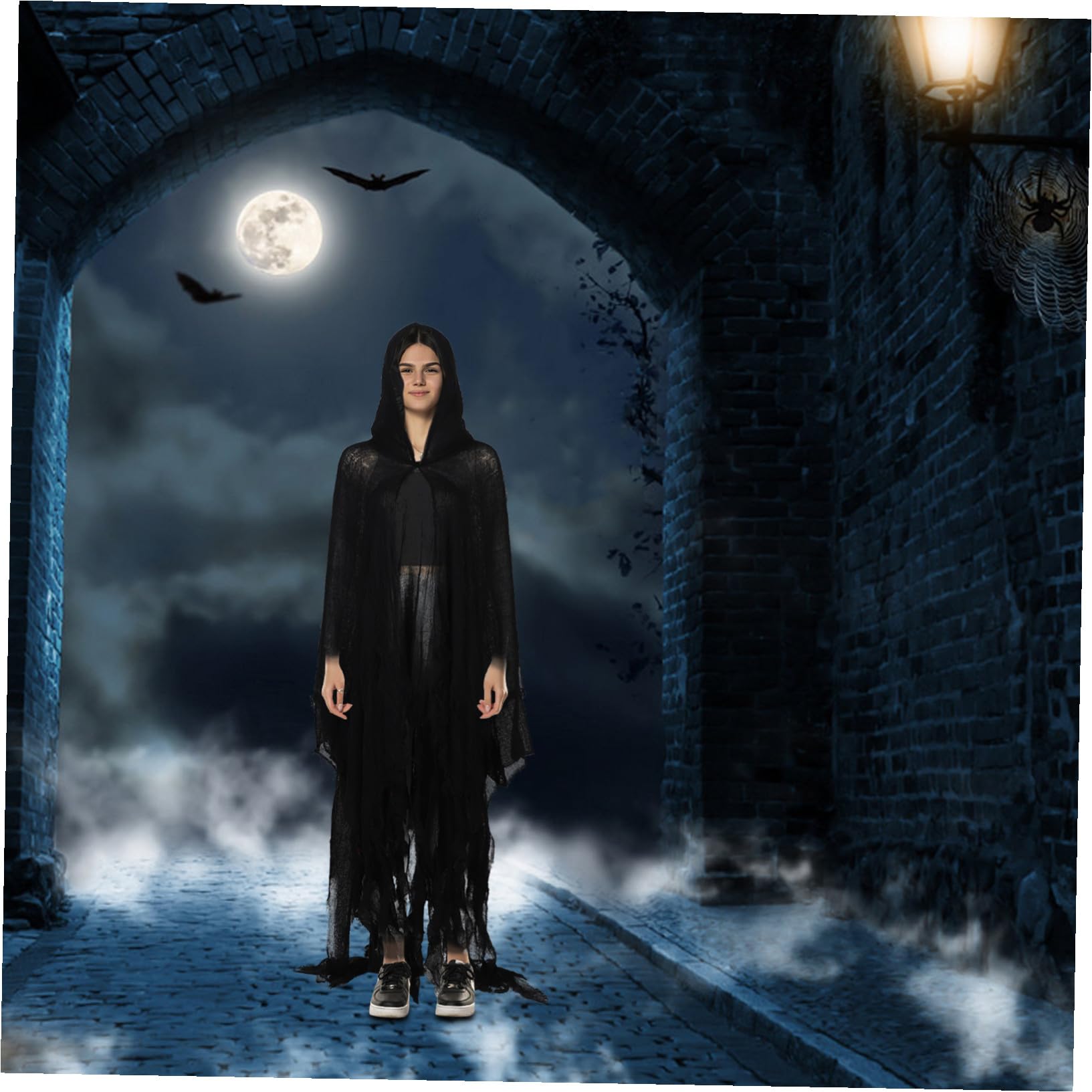 Cape de Costume Halloween à Capuche, Noir en Tissu, Style Médiéval