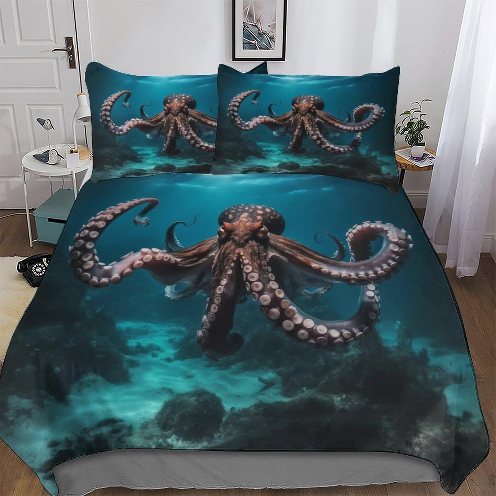 Parure de lit poulpe 220x240 cm en microfibre avec housse de couette et taies d'oreiller