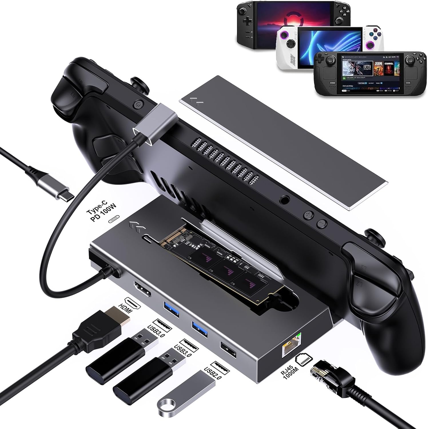 GKI M.2 Steam Deck Dock 7-in-1 Docking Station with M.2 NVME SSD Enclosure Support HDMI 2.0 4K@60Hz, PD 100W, Gigabit Ethernet, USB and USB C Charging Ports, Steam Deck, ROG Ally, Switch