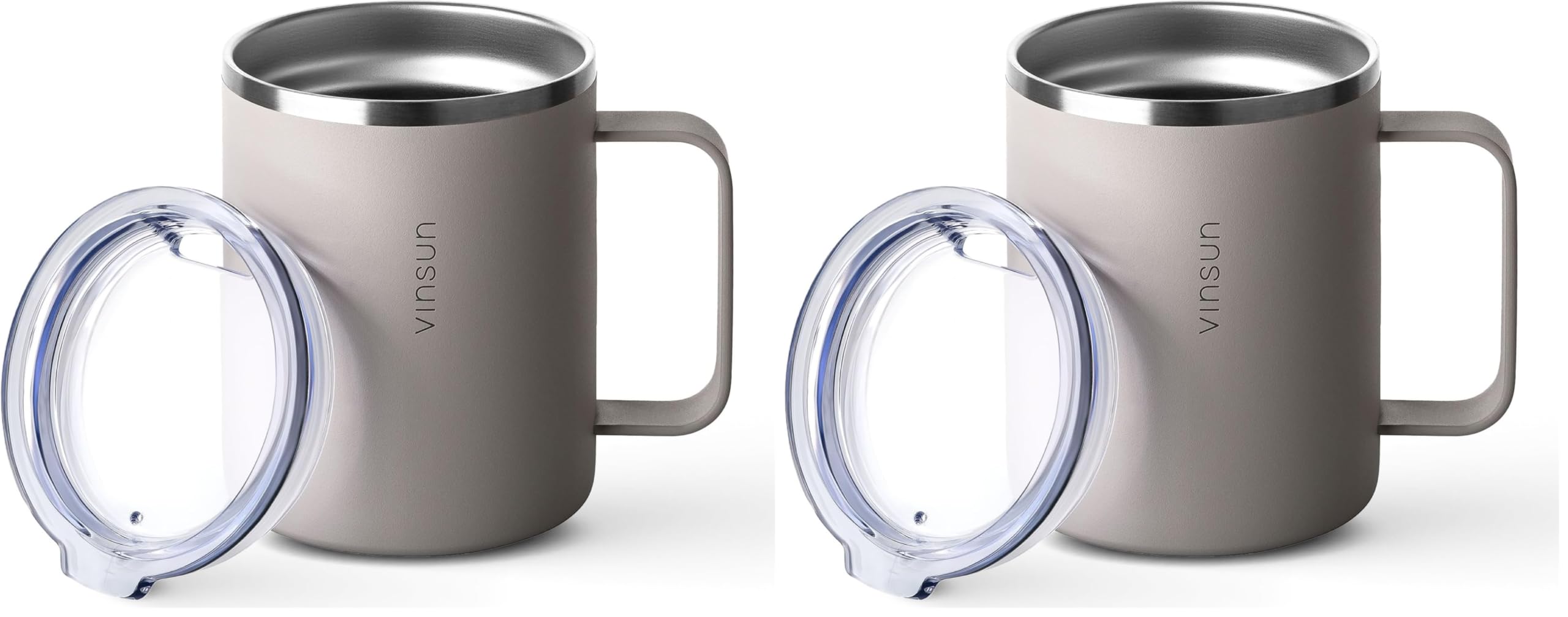 VINSUN Gobelet Isotherme avec Poignée 350ml - Tasse à Café à Emporter, Acier Inoxydable, Couvercle Transparent, Double Paroi - Mug Isotherme pour Bureau, Camping, Voyage (Lot de 2)
