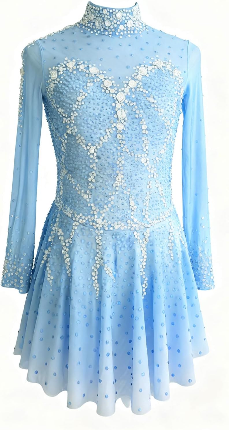 LIUHUO Ice Figure Skating Dress Girls 'Womens Long Sleeve Competition Elegant Handmade Crystal Diamond