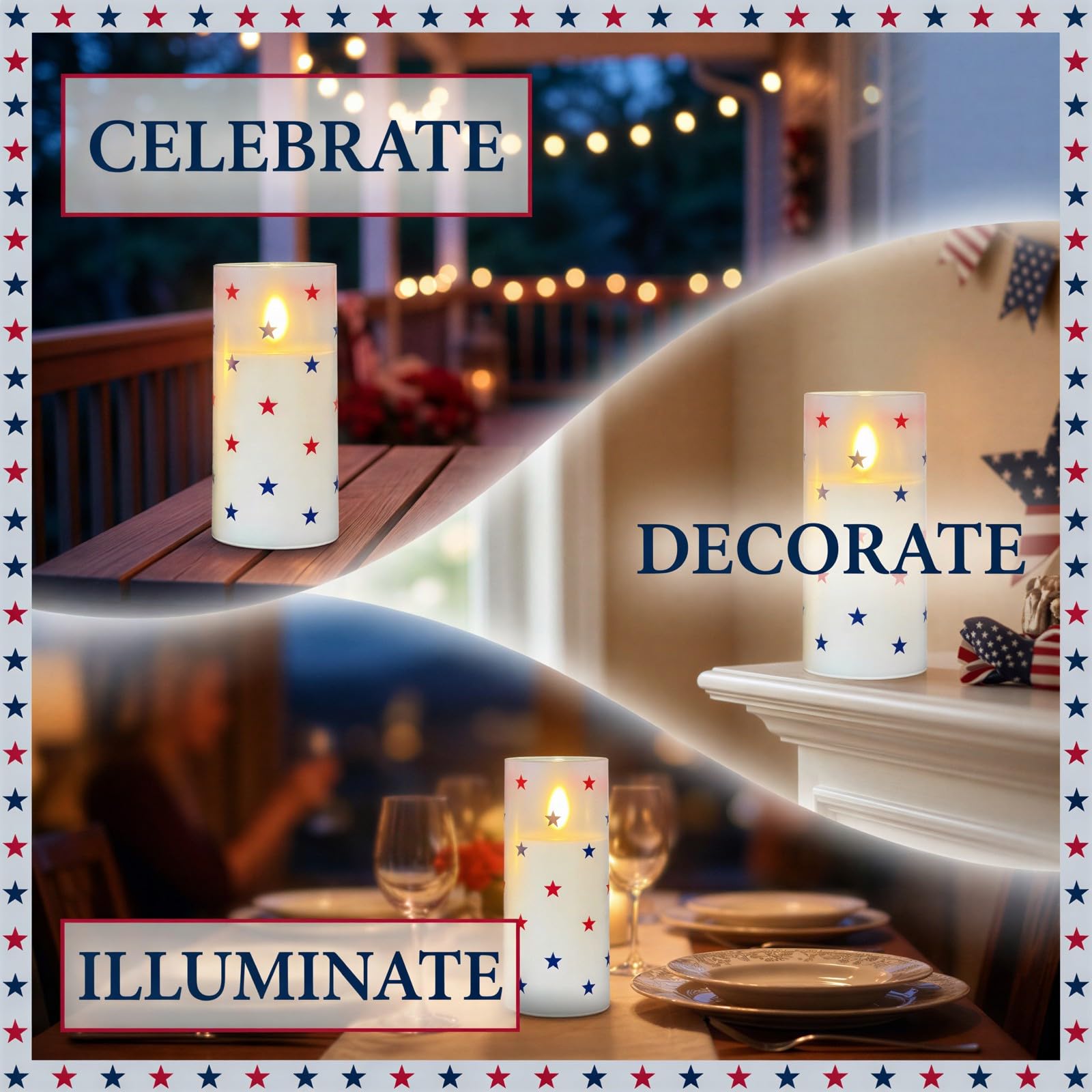 Patriotyczne świece LED, 3 x 10 cm, 7,6 x 12,7 cm, 7,6 x 15 cm, świece 4 lipca, z pilotem, wzór w stylu vintage, bezpłomieniowe filary, na baterie, dekoracja na domowe przyjęcie, 3 szt