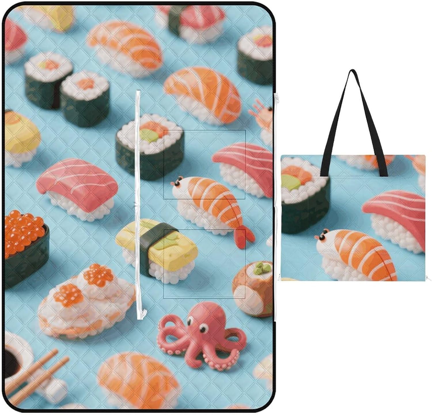 Many Sushi Food Picnic Blanket 150x150cm, Foldable 2-in-1 Picnic Mat and Tote Bag Portable Waterproof Beach Mat Sandproof Outdoor Blanket for Park, Hiking, Beach, Camping, Travel