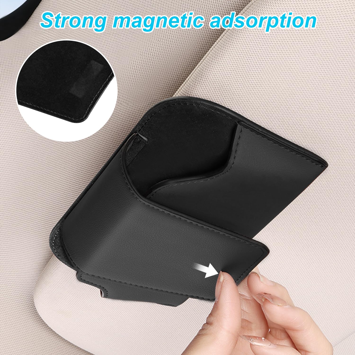 YCHYAN Porte-Lunettes De Soleil Pour Voiture – Support Magnétique En Cuir PU Beige – Clip Pare-Soleil Multifonction Pour Lunettes + Cartes + Tickets