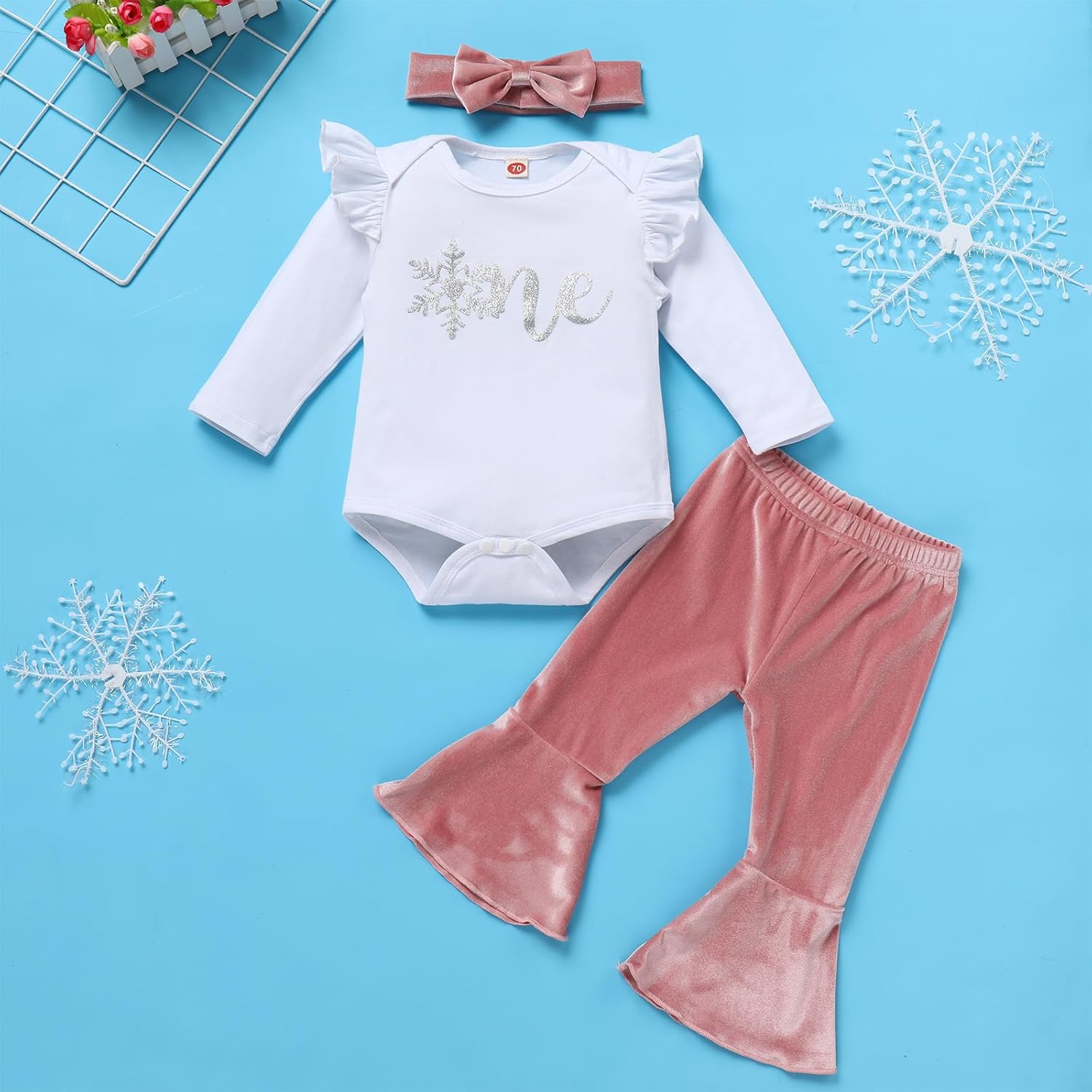 Baby Girls 1st Birthday Outfit Fall Pumpkin One Winter Snowflake One Romper Velvet Bell Bottoms Cake Smash Photo Shoot - Image 2