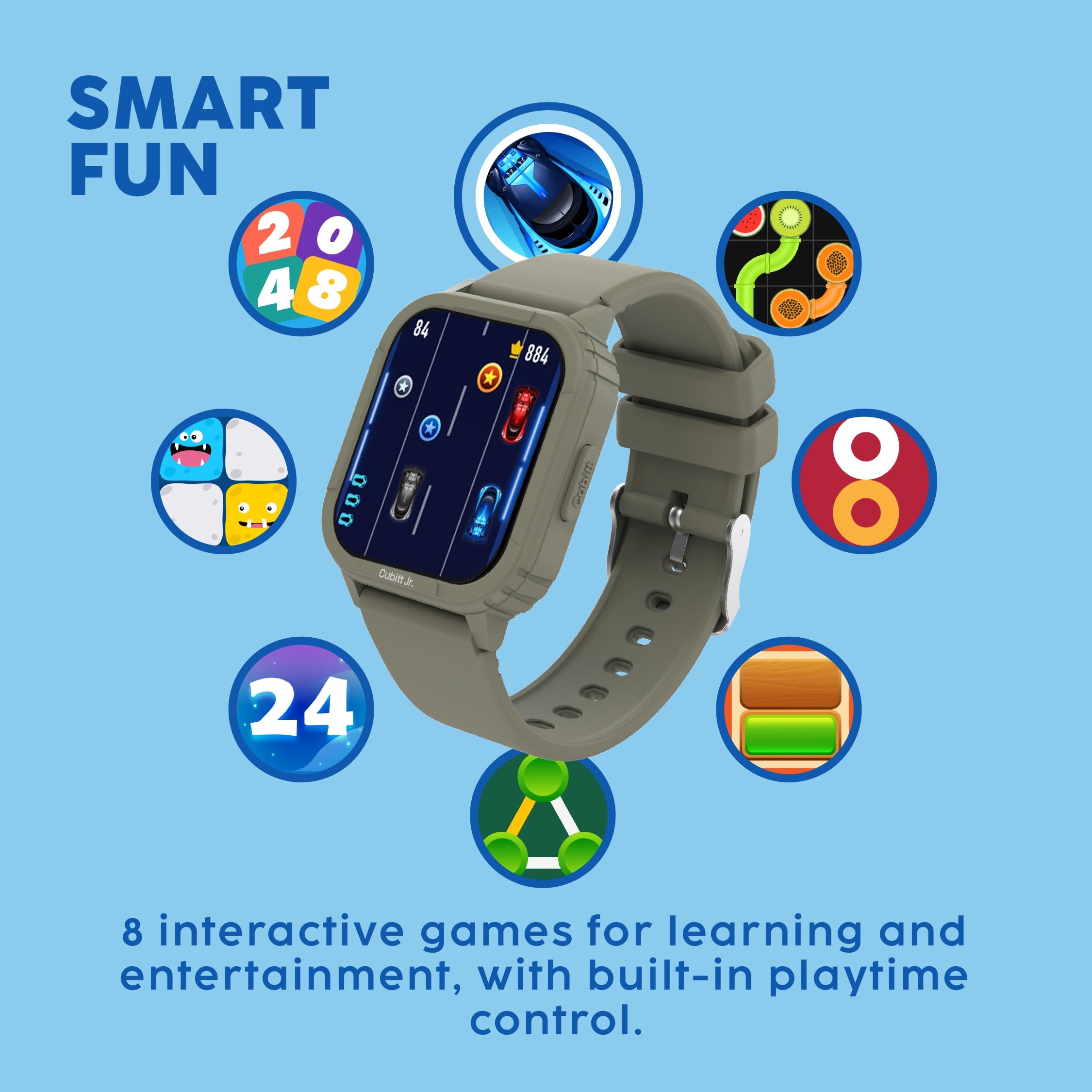 Cubitt Jr. Smartwatch Fitness Tracker per bambini e ragazzi con giochi, contapassi, monitoraggio del sonno, cardiofrequenzimetro, calcolatrice, monitoraggio attività, touchscreen AMOLED da 1,75