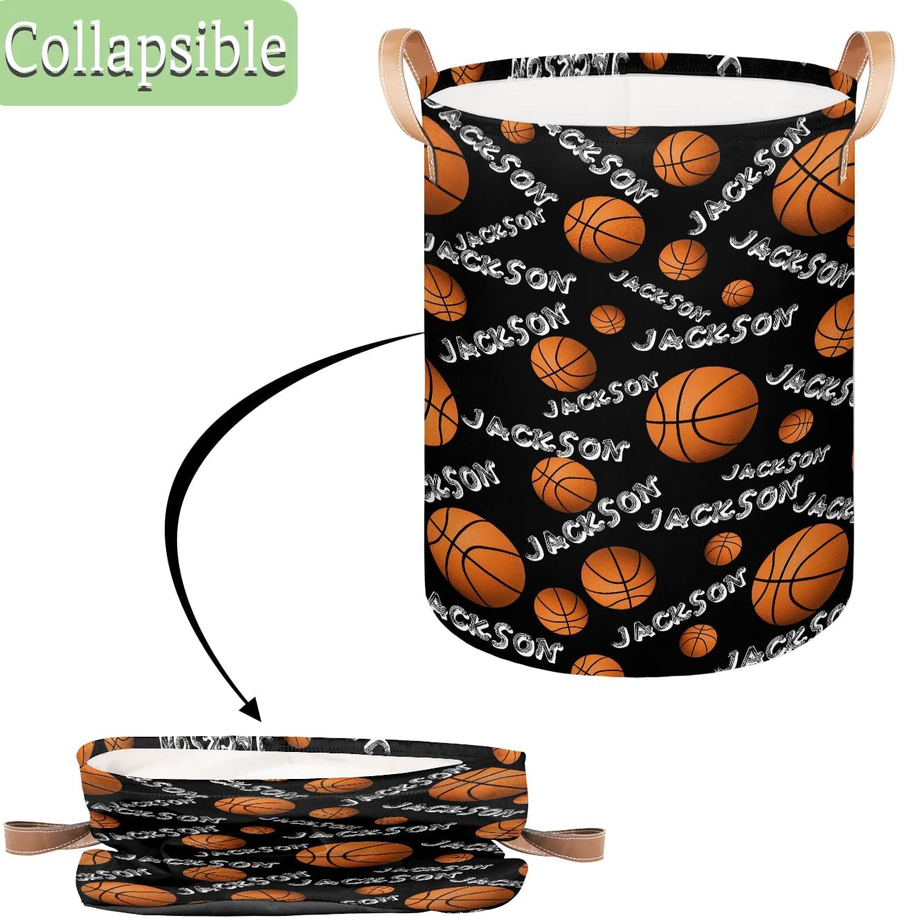 Personalized Laundry Basket, Custom Gift Laundry Hamper, Collapsible Nursery Waterproof Laundry Baskets, Dirty Clothes Toy Hamper with Handles Black Basketball Text