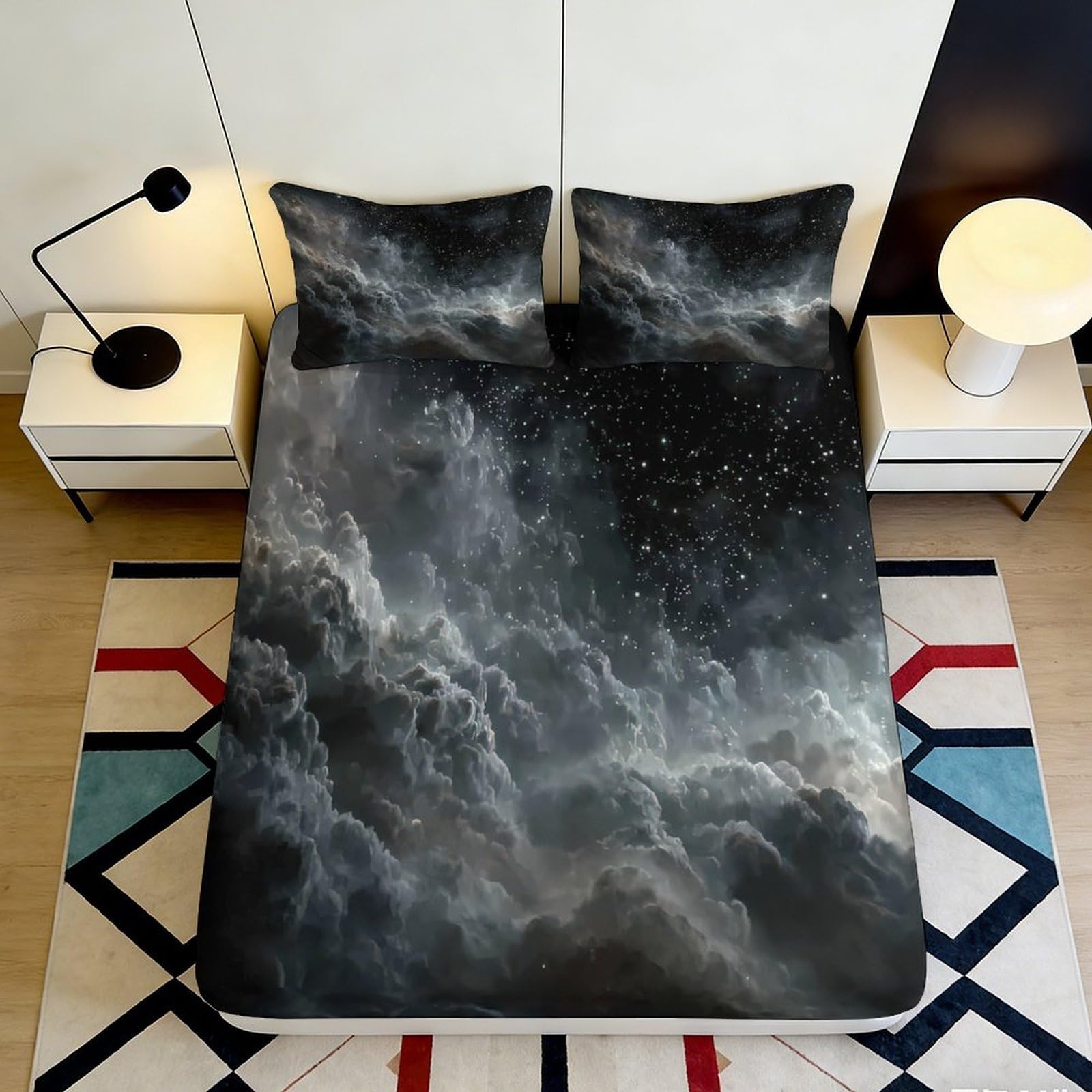 Elegant cloud motif 3D Printed Fitted Sheet, Microfiber soft touch, wrinkle resistant, guest room bedding decor, dustproof, easy care, stylish accent 90x200x25cm