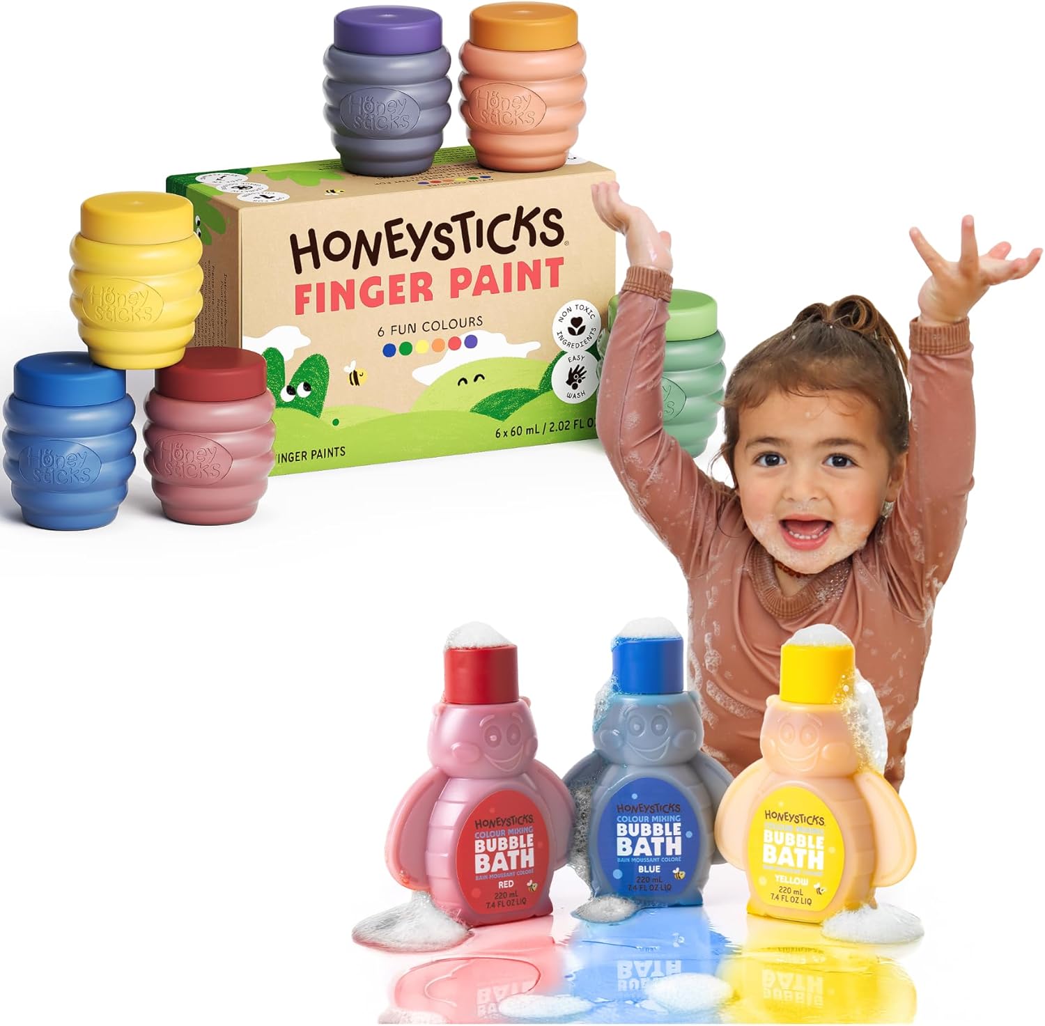 Honeysticks Non-Toxic Finger Paint (6 Colors) & Kids Bubble Bath Set – Washable, Safe for Toddlers, Eco-Friendly, Water-Based Paint for Little Artists, Color-Changing, Super Foaming Bubbles for Fun